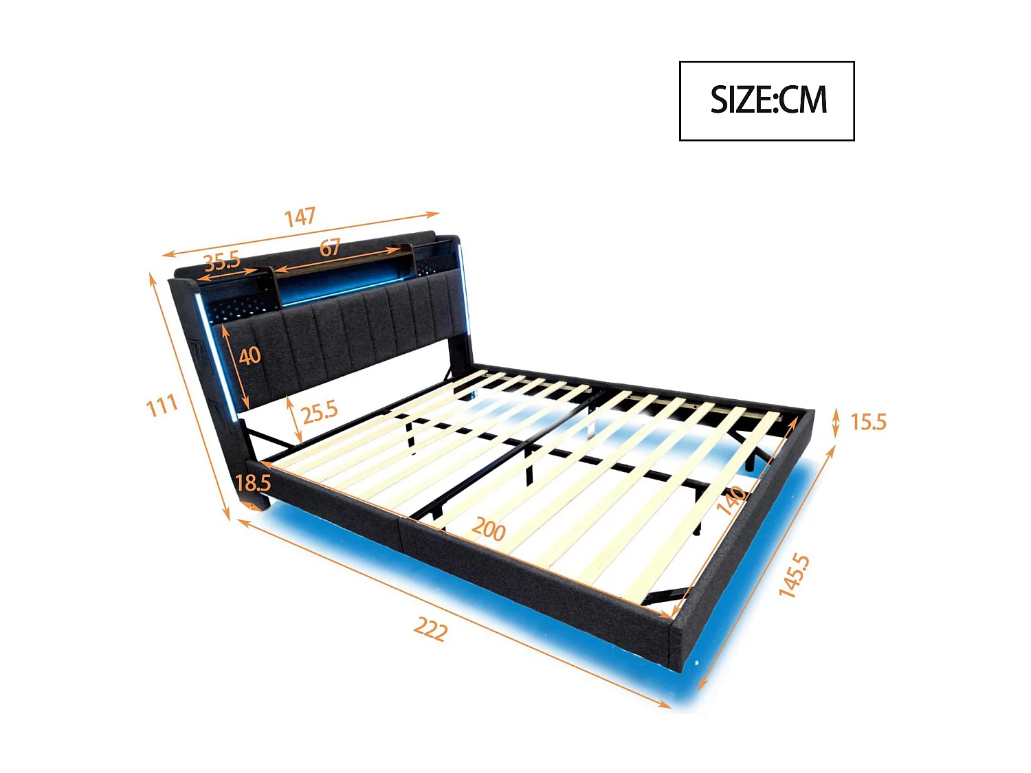 Lit 140x200cm en tissu lin - avec prise USB et sommier à lattes - Gris