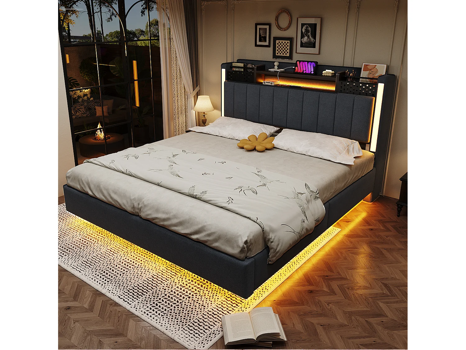 Lit rembourré 140x200cm - Tête de lit multifonctionnelle - avec lumière LED et port USB - design flottant- Gris