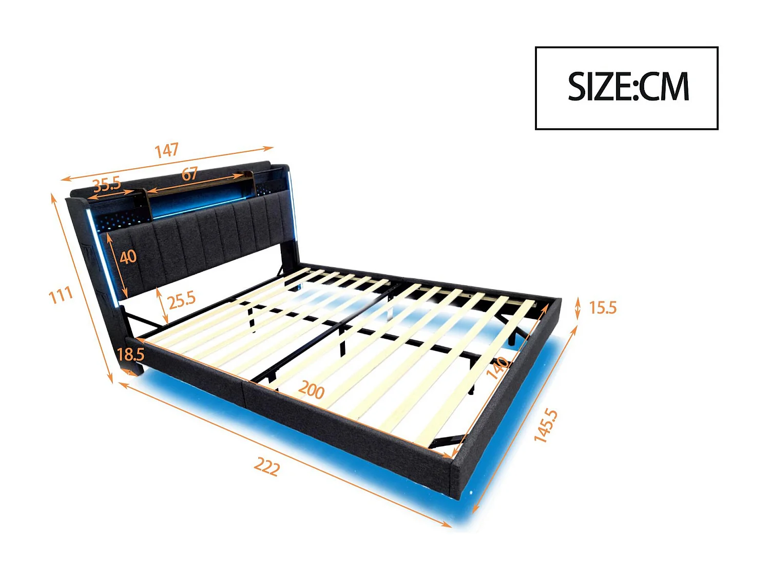 Lit rembourré 140x200cm - Tête de lit multifonctionnelle - avec lumière LED et port USB - design flottant- Gris