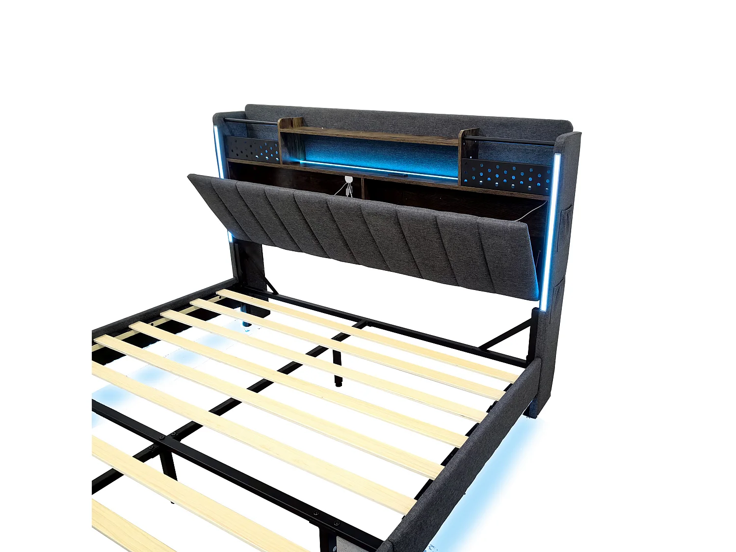 Lit rembourré 140x200cm - Tête de lit multifonctionnelle - avec lumière LED et port USB - design flottant- Gris