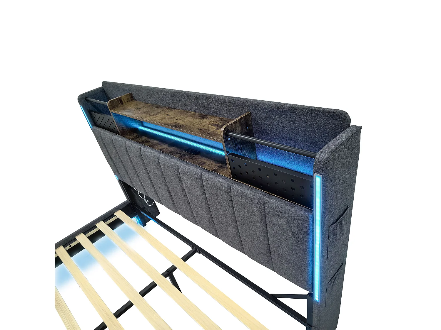 Lit rembourré 140x200cm - Tête de lit multifonctionnelle - avec lumière LED et port USB - design flottant- Gris