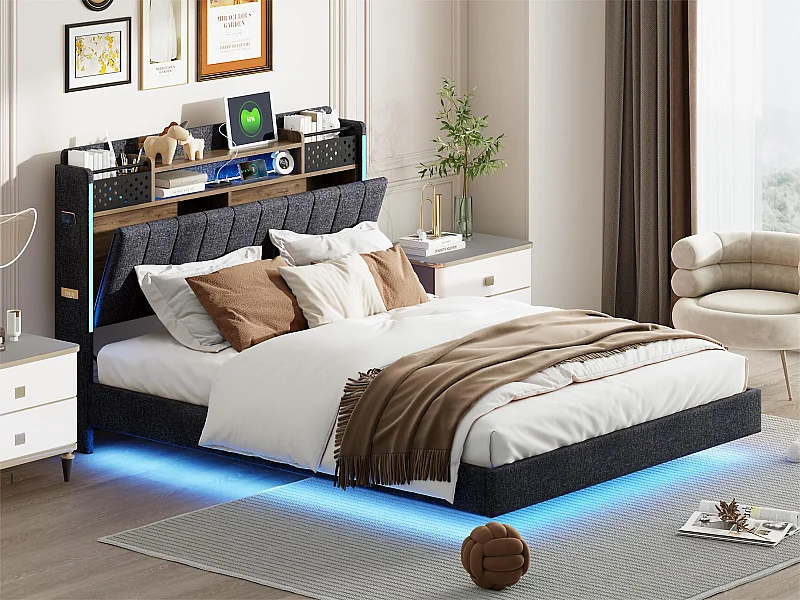 Letto 140x200 cm in tessuto di lino - con presa USB e rete a doghe - Grigio