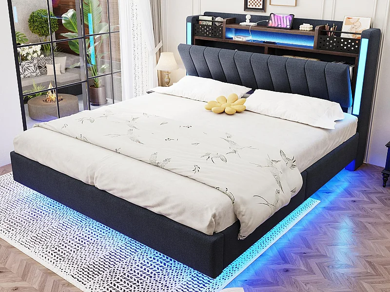 Gepolstertes Bett 140x200cm - Multifunktionales Kopfteil - mit LED-Licht und USB-Anschluss - Schwebe-Design - Grau