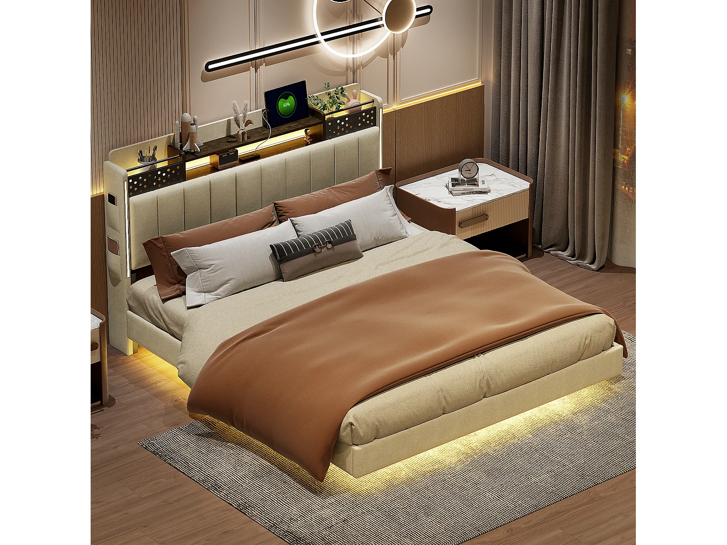 Bed 160x200cm in linnenstof - met USB-aansluiting en lattenbodem - Beige
