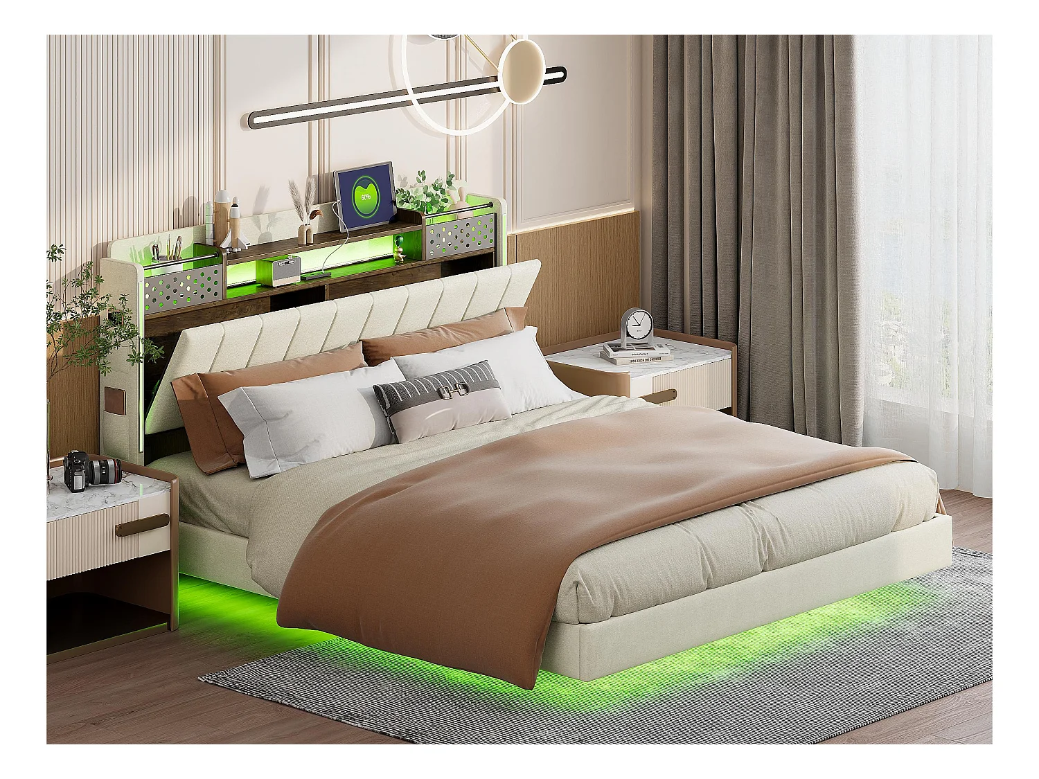 Bed 160x200cm in linnenstof - met USB-aansluiting en lattenbodem - Beige