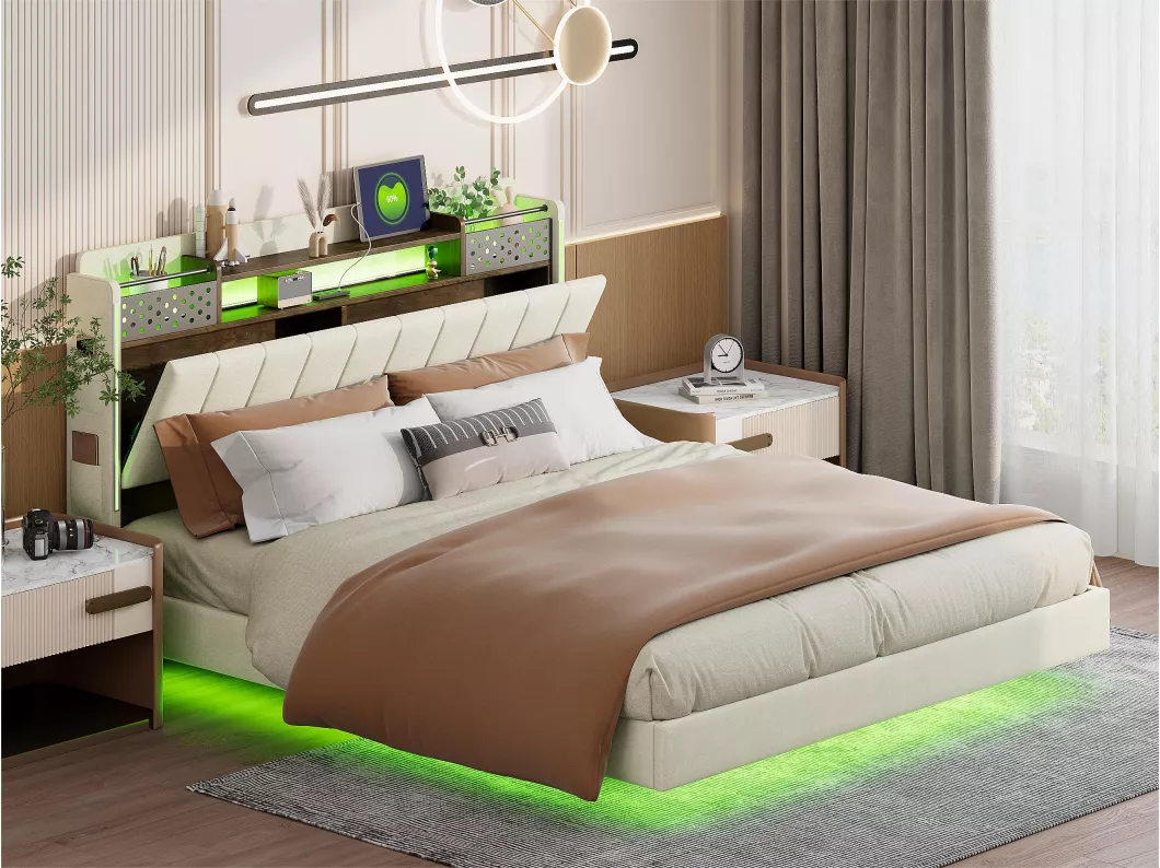 Kauf Unique 160 x 200 cm großes Bett aus Leinenstoff – mit USB-Anschluss und Lattenrost – Beige