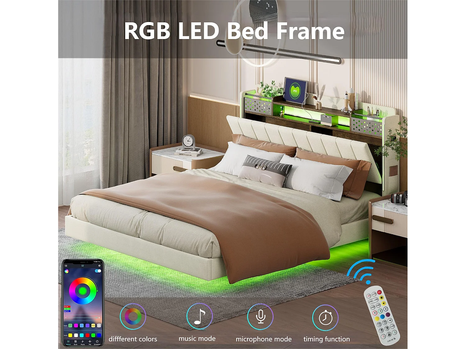 Cama 160x200cm em tecido de linho - com tomada USB e base de ripas - Bege