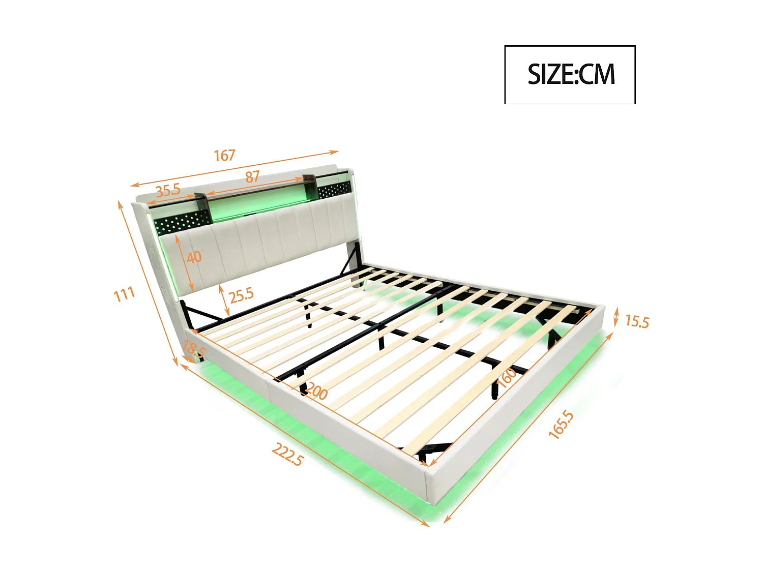 Cama 160x200cm em tecido de linho - com tomada USB e base de ripas - Bege