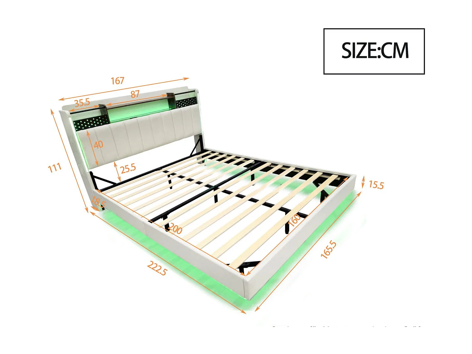 Cama acolchada 160x200cm - Cabecero multifuncional - con luz LED y puerto USB - diseño flotante - Beige