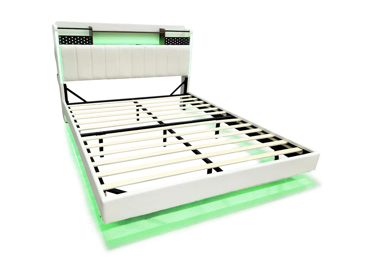 Gestoffeerd bed 160x200cm - Multifunctioneel hoofdeinde - met LED-licht en USB-poort - zwevend design - Beige