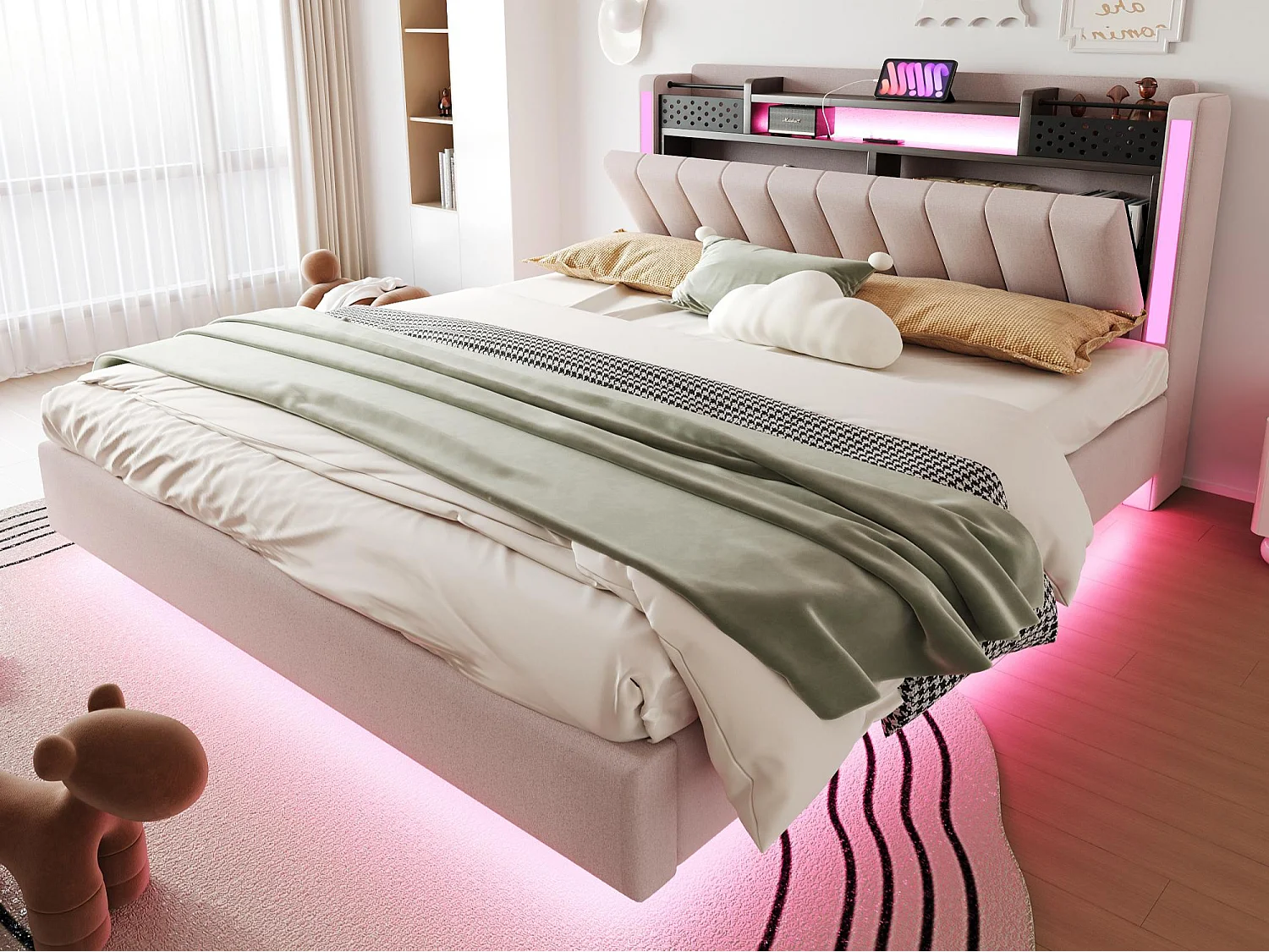 Gestoffeerd bed 160x200cm - Multifunctioneel hoofdeinde - met LED-licht en USB-poort - zwevend design - Beige