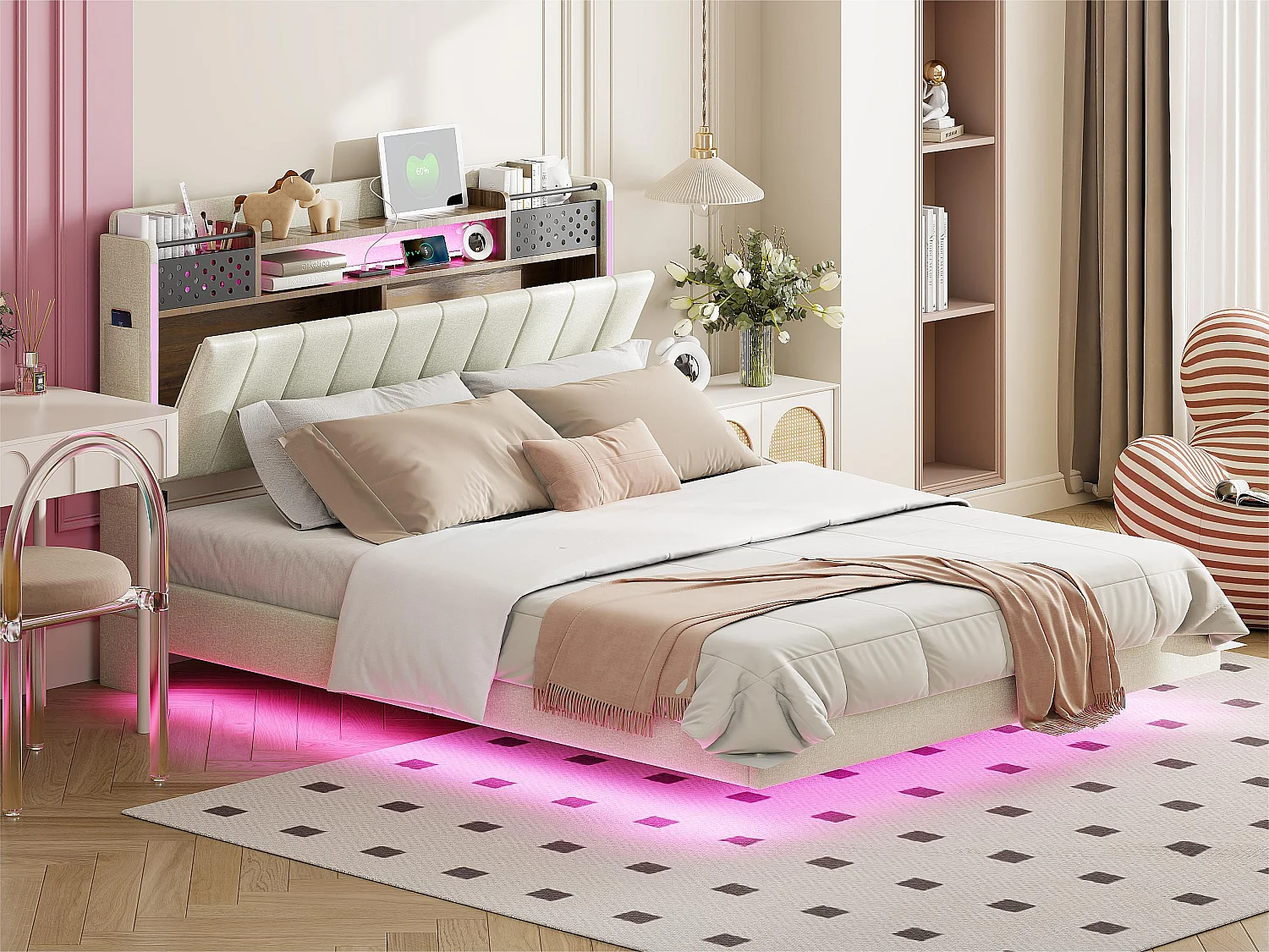 Lit 140x200cm en tissu lin - avec prise USB et sommier à lattes - Beige