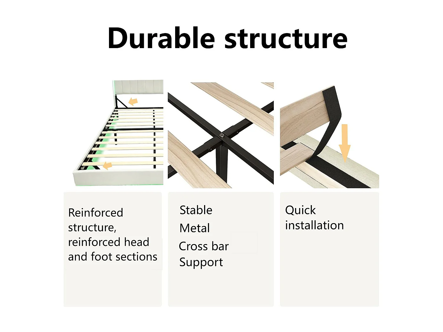 Lit 140x200cm en tissu lin - avec prise USB et sommier à lattes - Beige