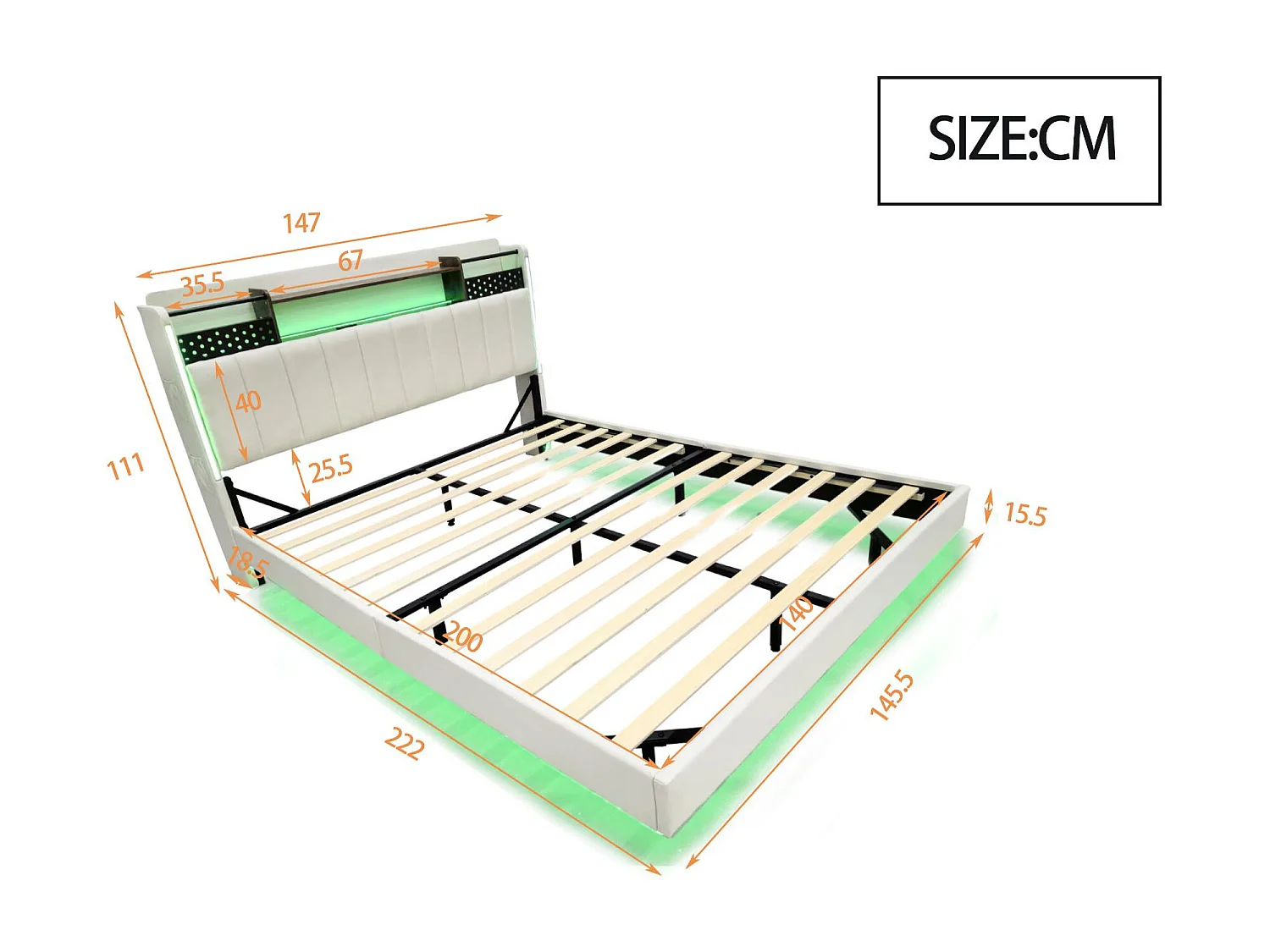 Lit rembourré 140x200cm - Tête de lit multifonctionnelle - avec lumière LED et port USB - design flottant- Beige