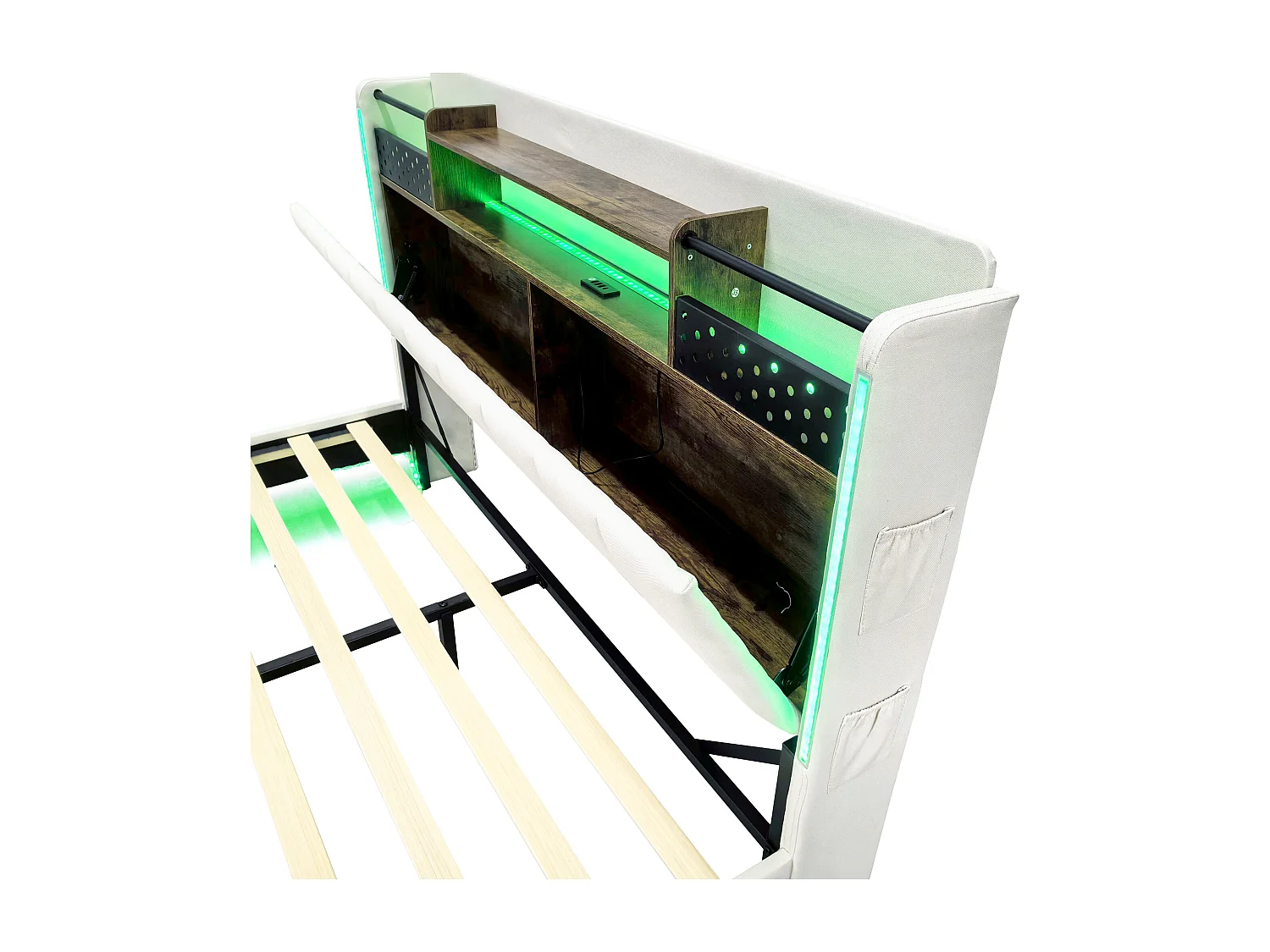 Lit rembourré 140x200cm - Tête de lit multifonctionnelle - avec lumière LED et port USB - design flottant- Beige