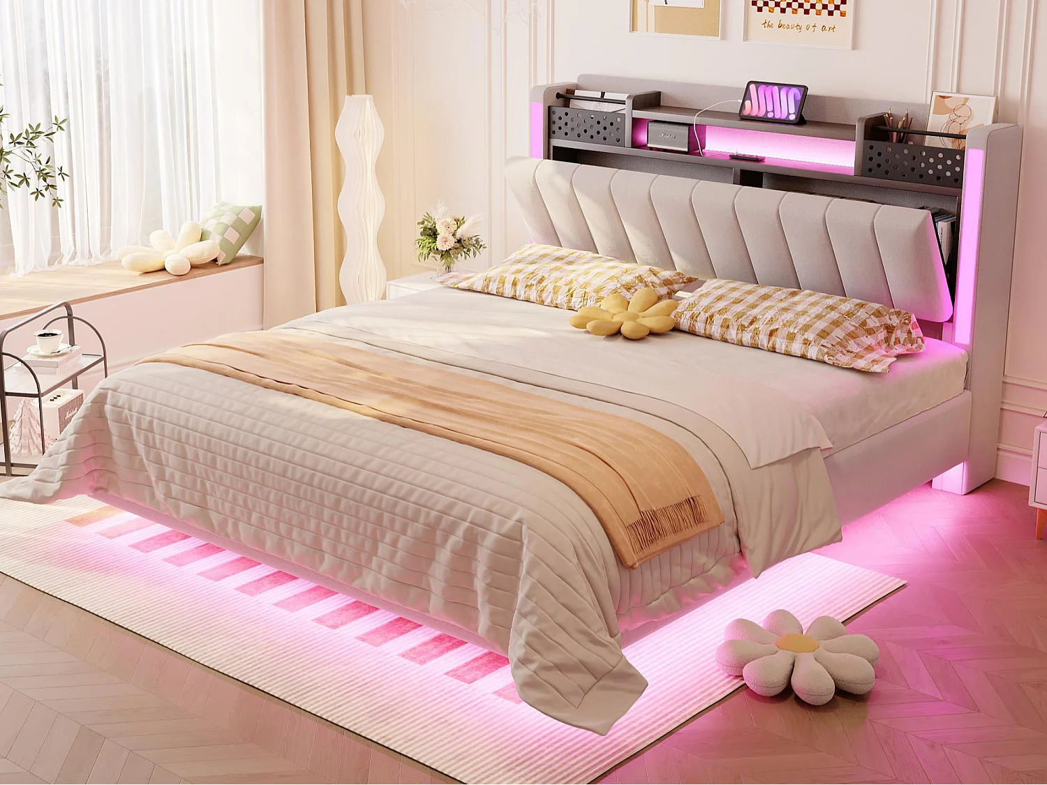 Lit rembourré 140x200cm - Tête de lit multifonctionnelle - avec lumière LED et port USB - design flottant- Beige