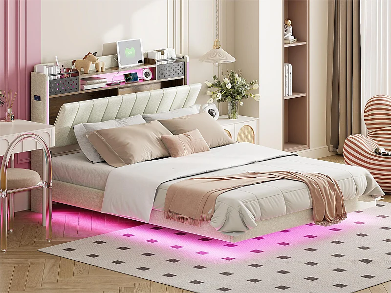 Lit 140x200cm en tissu lin - avec prise USB et sommier à lattes - Beige