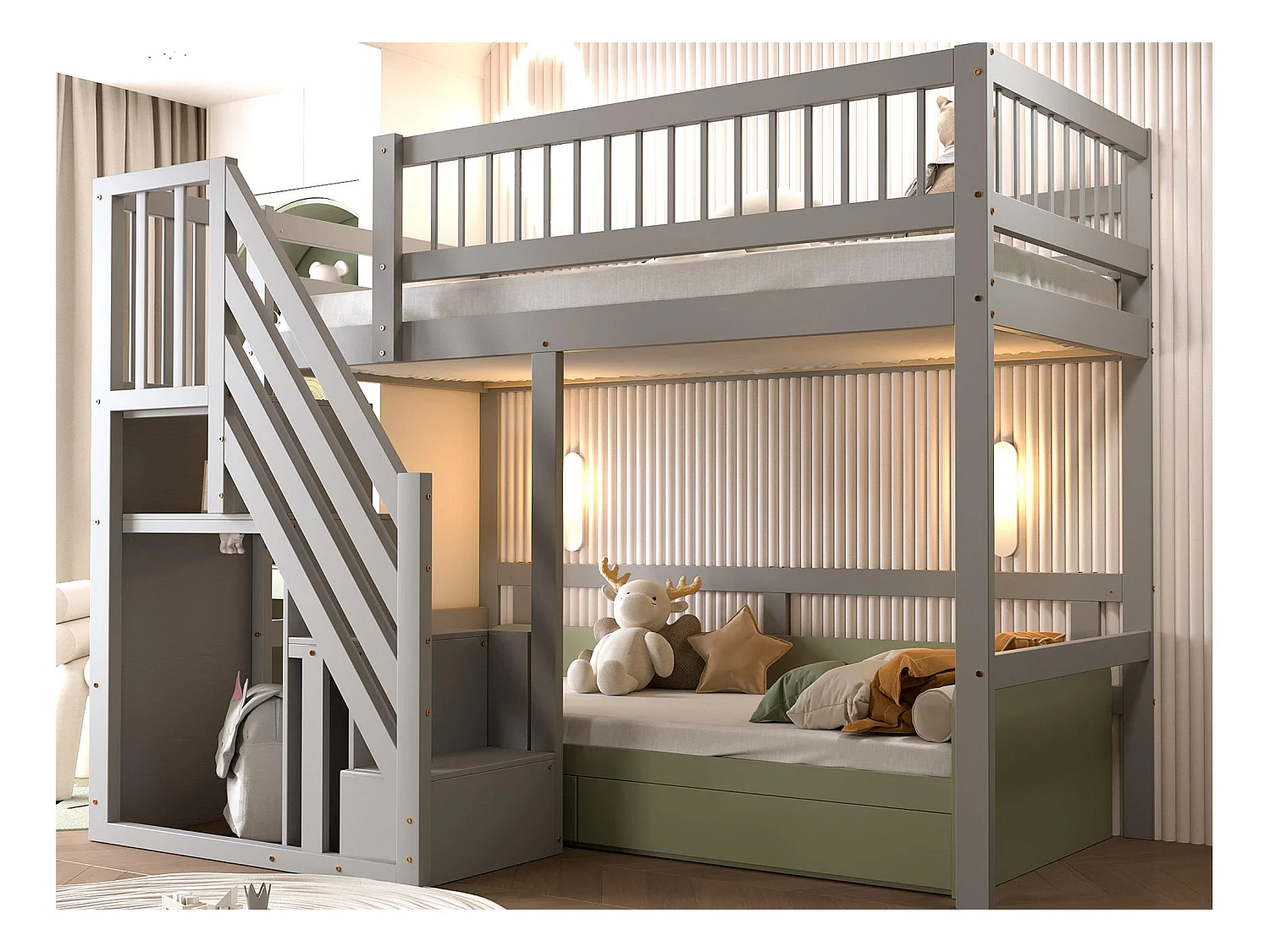 Lit mezzanine 90x200cm - avec escalier de rangement - bois massif + contreplaqué + MDF - Gris