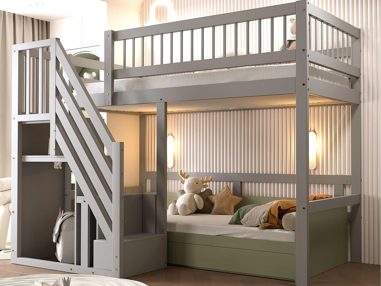 Mezzanine bed 90x200cm - met trap met opbergruimte - massief hout + multiplex + MDF - Grijs