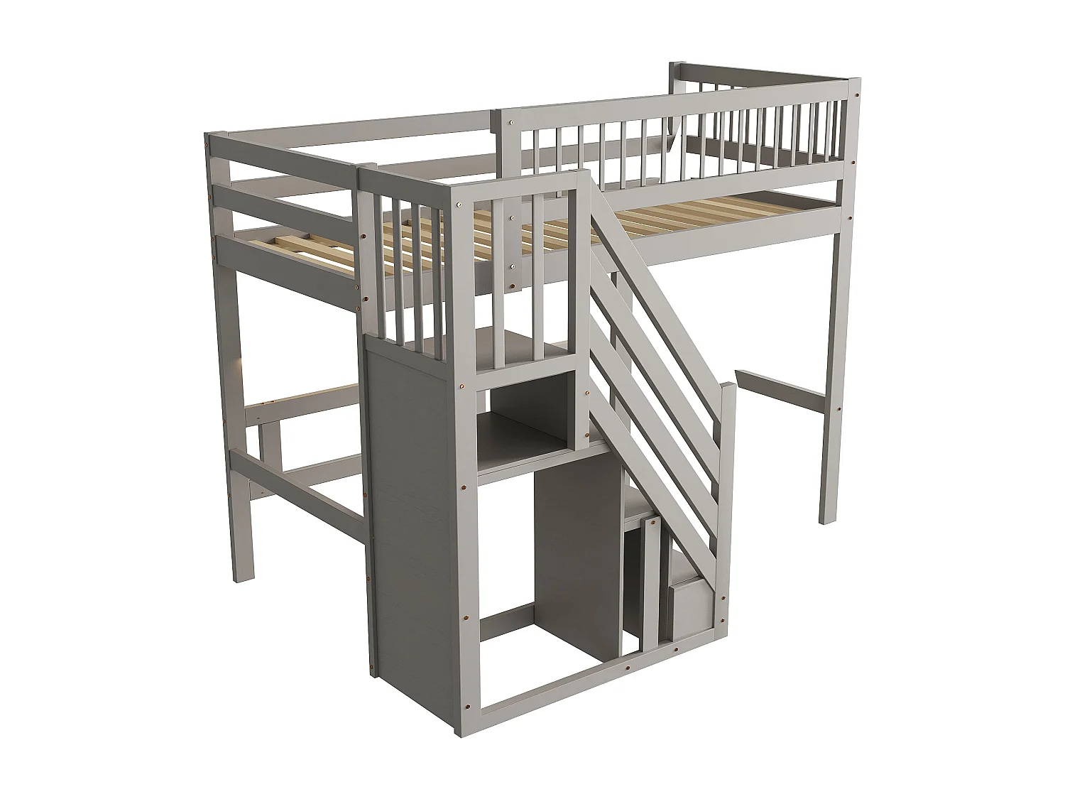 Mezzanine bed 90x200cm - met trap met opbergruimte - massief hout + multiplex + MDF - Grijs