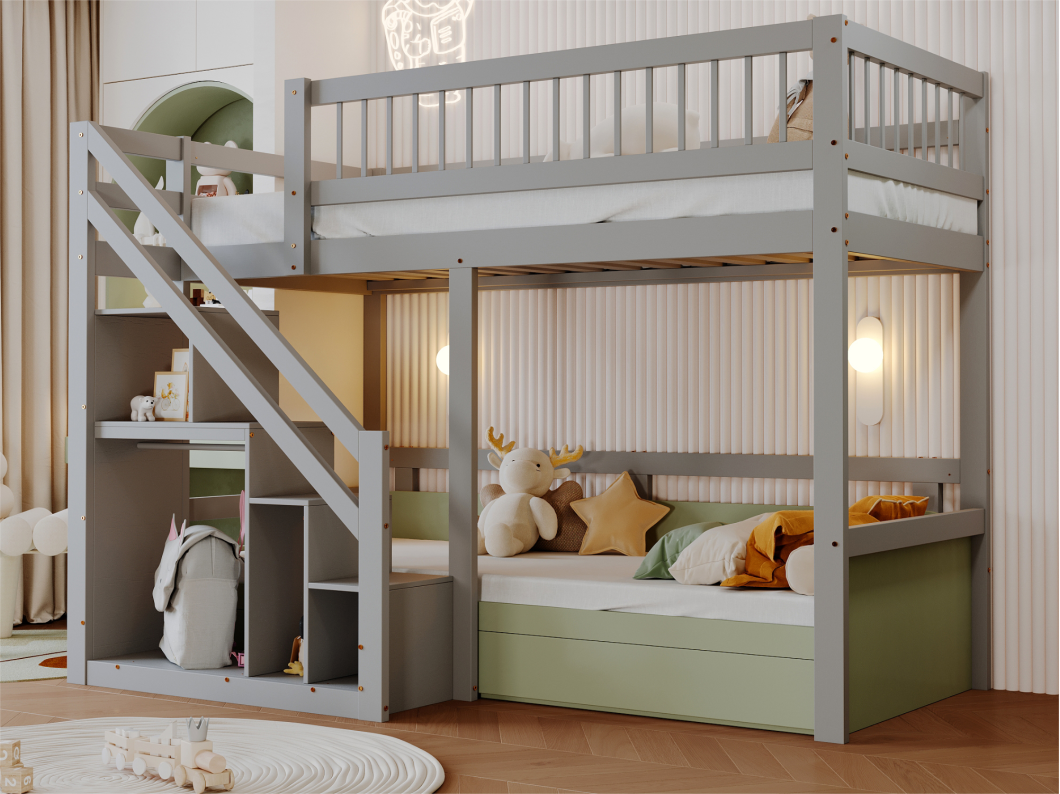 Houten stapelbed 90x200cm - met opbergtrap - Grijs