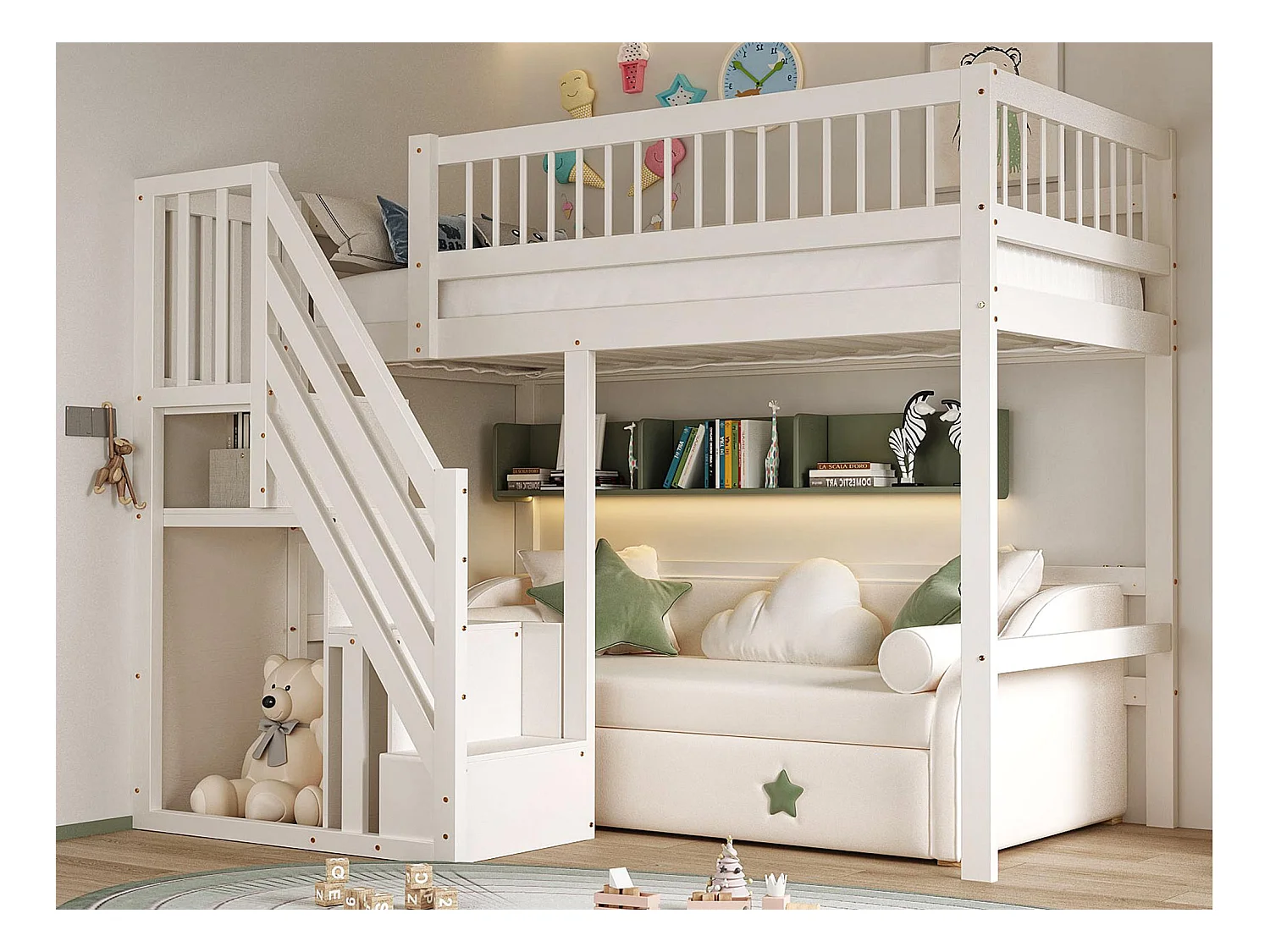 Lit mezzanine 90x200cm - avec escalier de rangement - bois massif + contreplaqué + MDF - Blanc