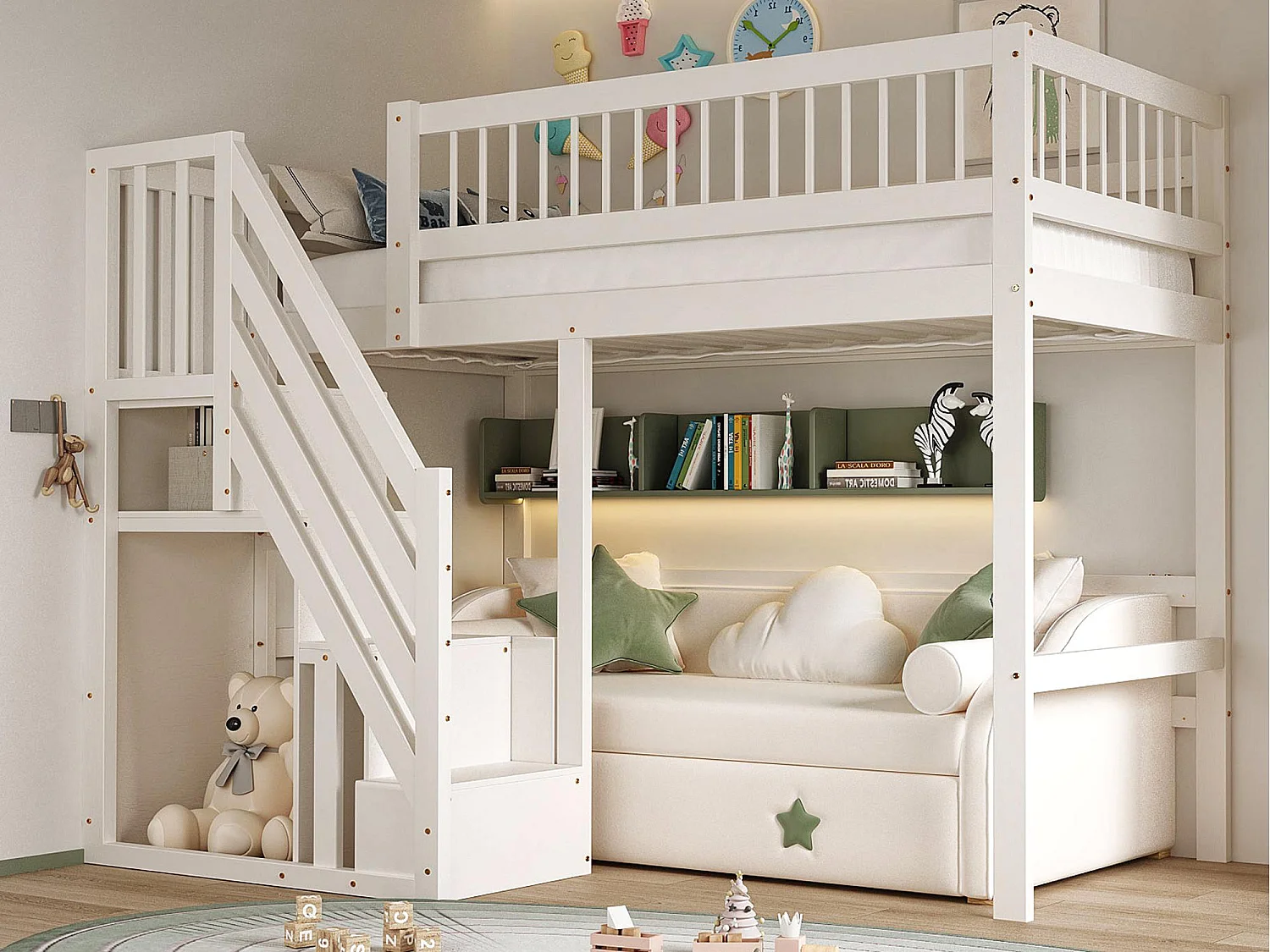 Lit mezzanine 90x200cm - avec escalier de rangement - bois massif + contreplaqué + MDF - Blanc