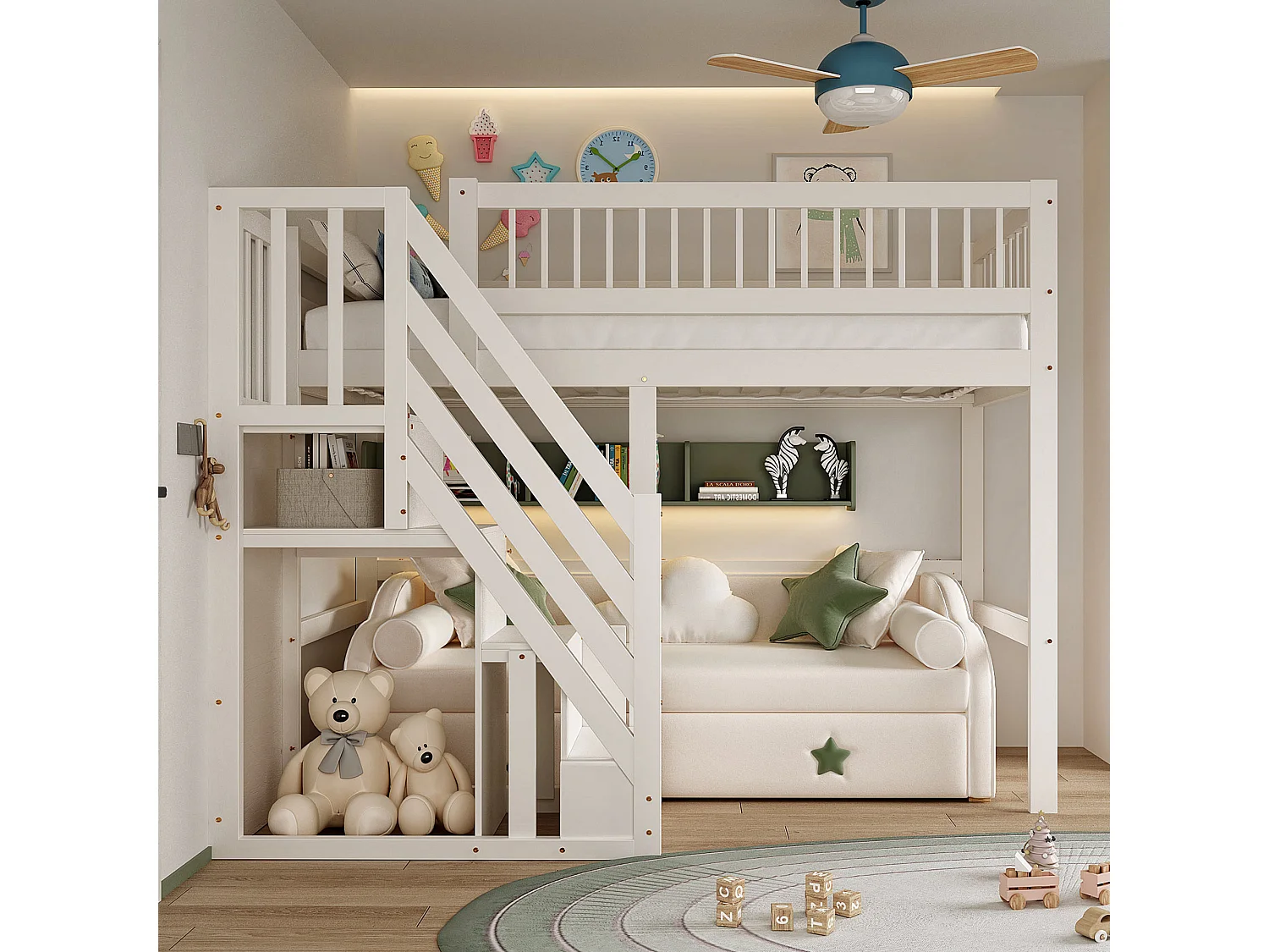 Lit mezzanine 90x200cm - avec escalier de rangement - bois massif + contreplaqué + MDF - Blanc