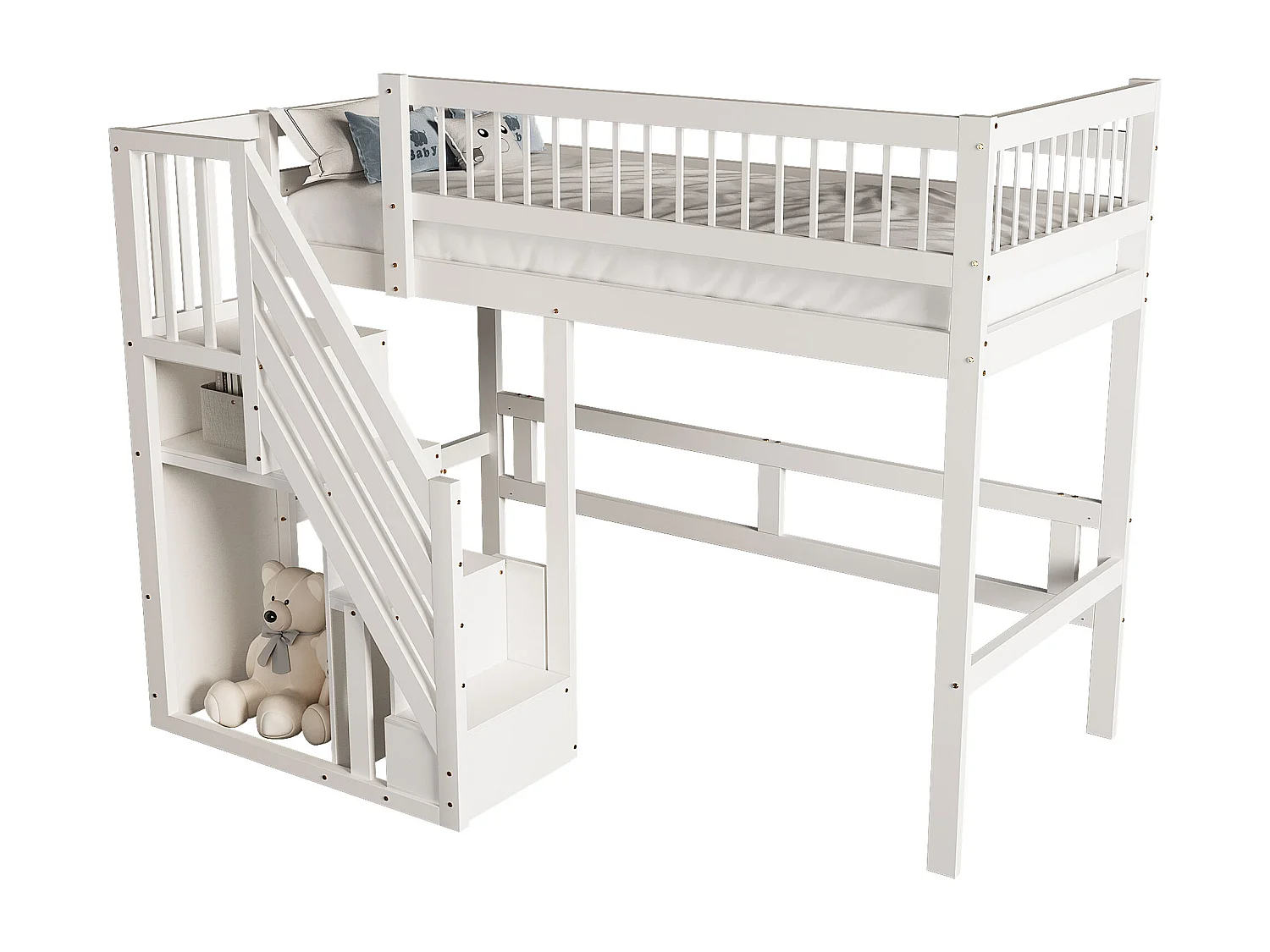 Lit mezzanine 90x200cm - avec escalier de rangement - bois massif + contreplaqué + MDF - Blanc