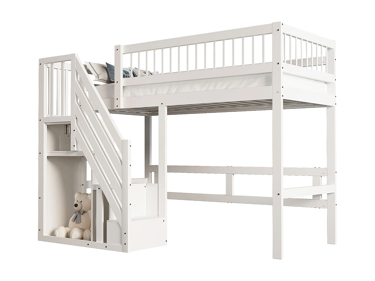 Lit mezzanine 90x200cm - avec escalier de rangement - bois massif + contreplaqué + MDF - Blanc