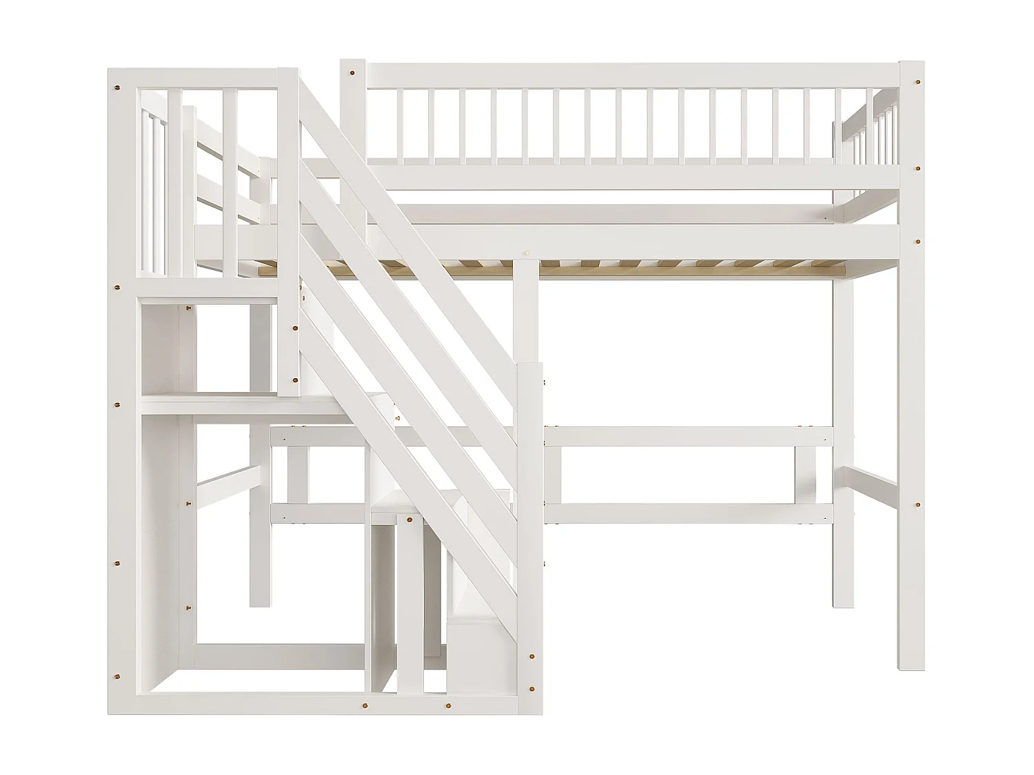 Lit mezzanine 90x200cm - avec escalier de rangement - bois massif + contreplaqué + MDF - Blanc