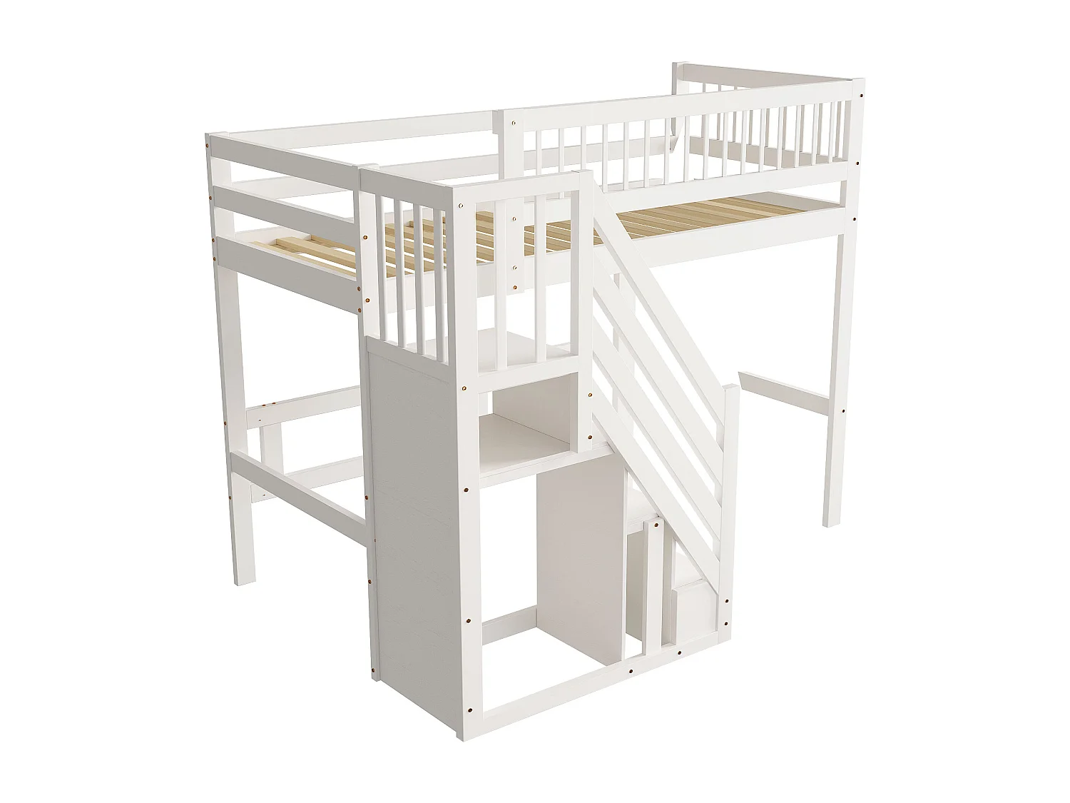 Lit mezzanine 90x200cm - avec escalier de rangement - bois massif + contreplaqué + MDF - Blanc