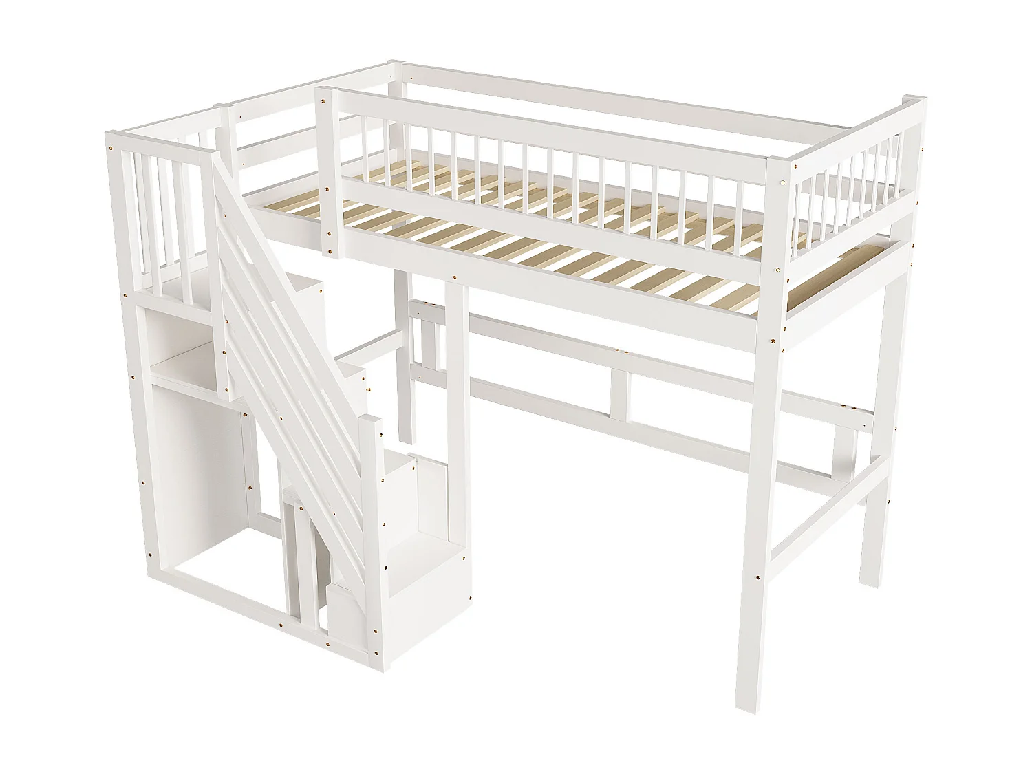 Lit mezzanine 90x200cm - avec escalier de rangement - bois massif + contreplaqué + MDF - Blanc