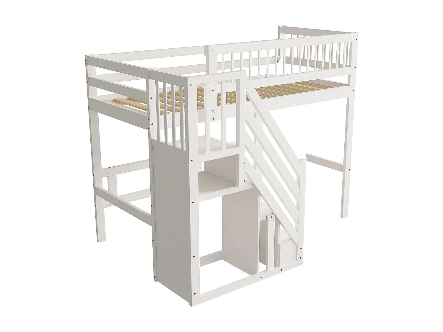 Lit mezzanine 90x200cm - avec escalier de rangement - bois massif + contreplaqué + MDF - Blanc