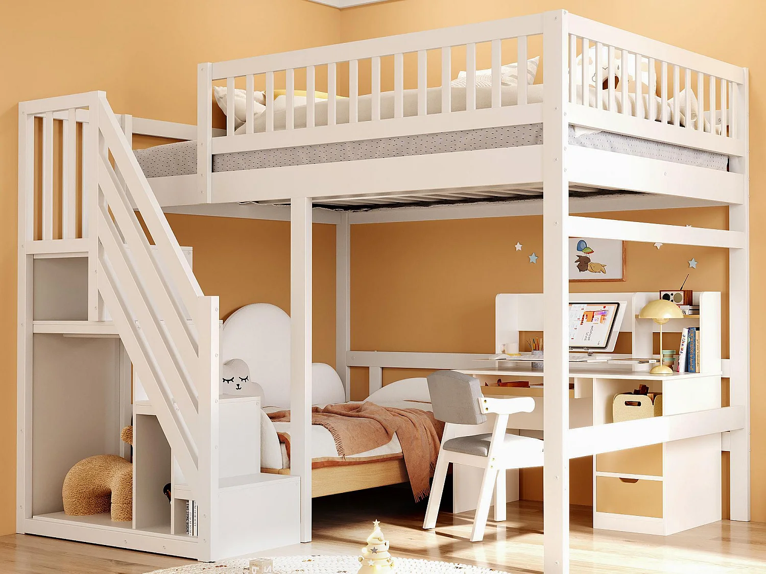 Mezzanine bed 140x200cm - met trap met opbergruimte - massief hout + multiplex + MDF - Wit