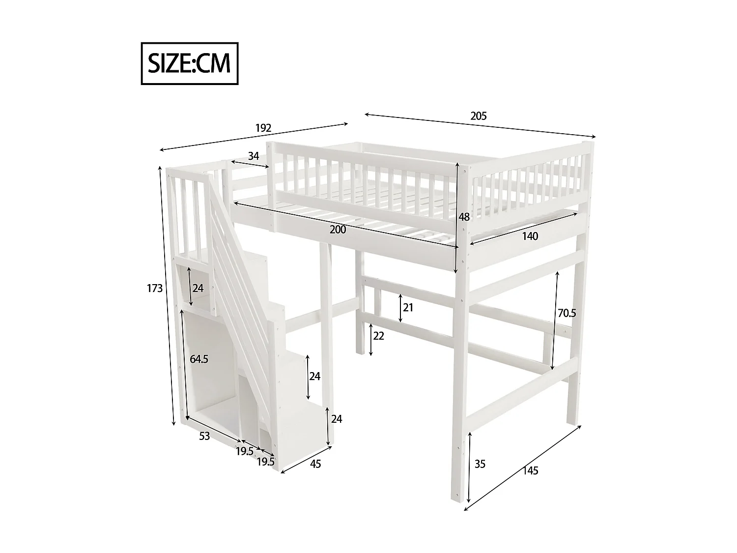 Mezzanine bed 140x200cm - met trap met opbergruimte - massief hout + multiplex + MDF - Wit