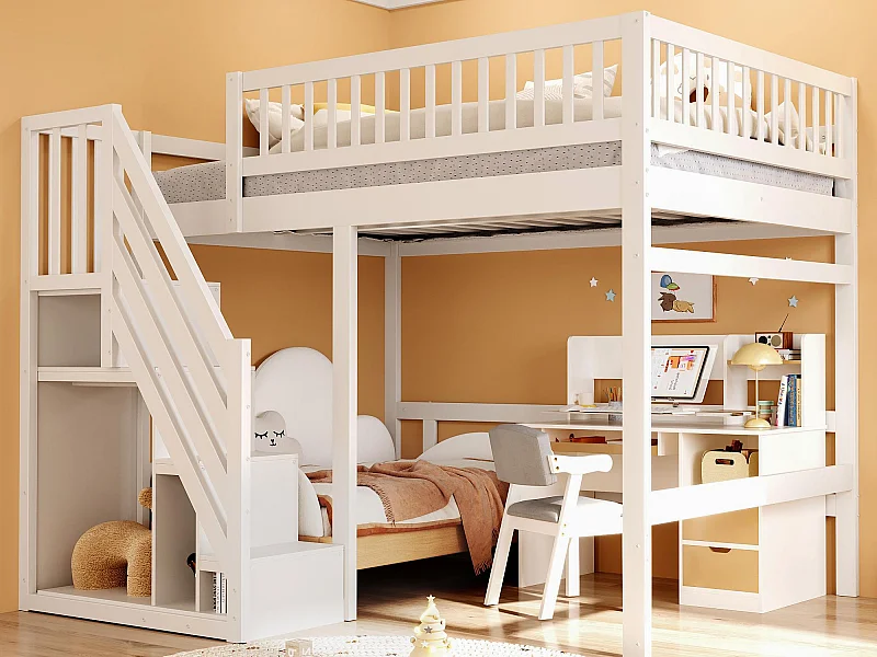 Hochbett 140x200cm - mit Treppe mit Stauraum - Massivholz + Sperrholz + MDF - Weiß