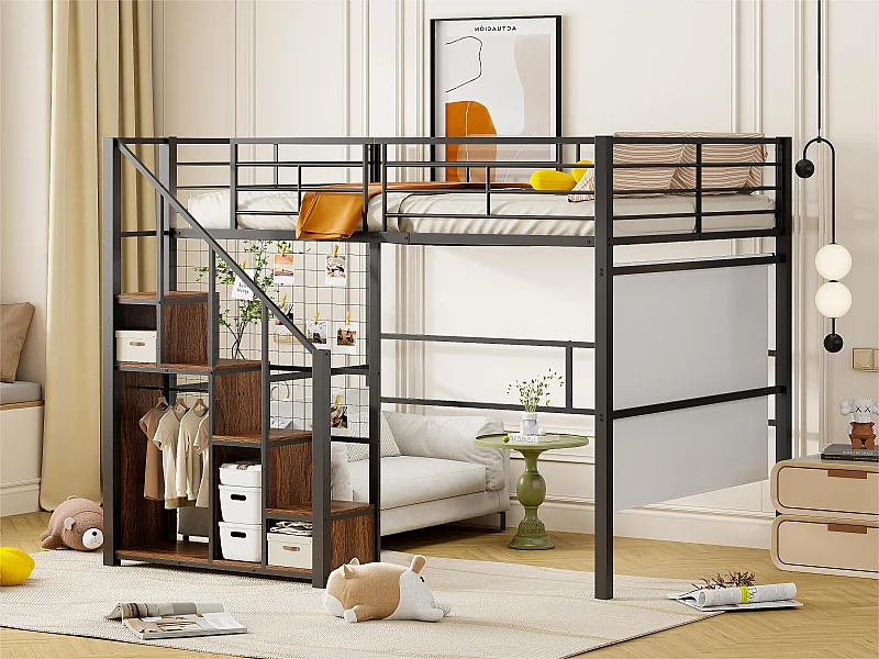 Cama entresuelo para niños 140x200 cm - con escalera de seguridad y almacenamiento - Negro