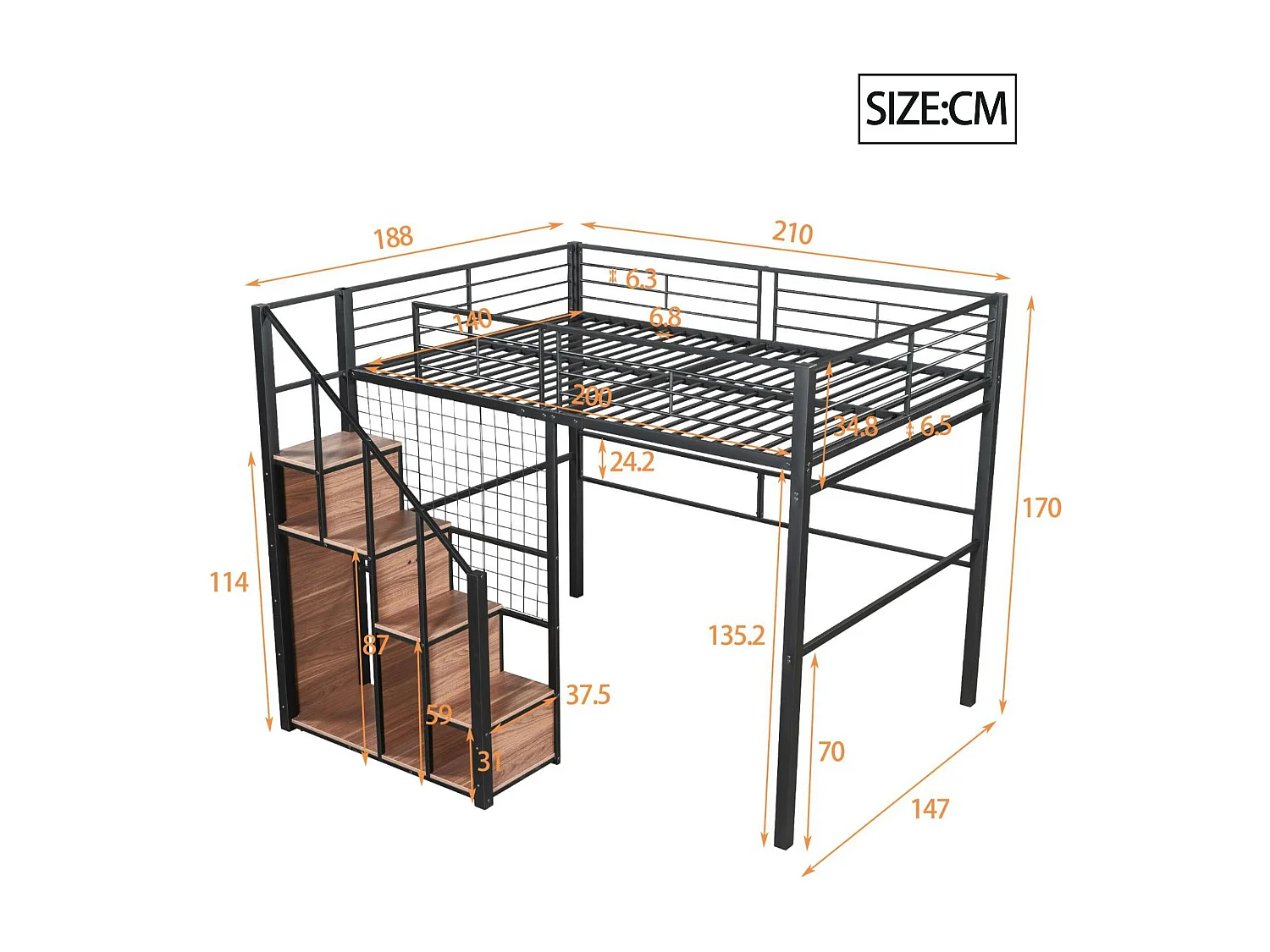Lit mezzanine pour enfant 140x200cm - avec échelle de sécurité et rangements - Noir