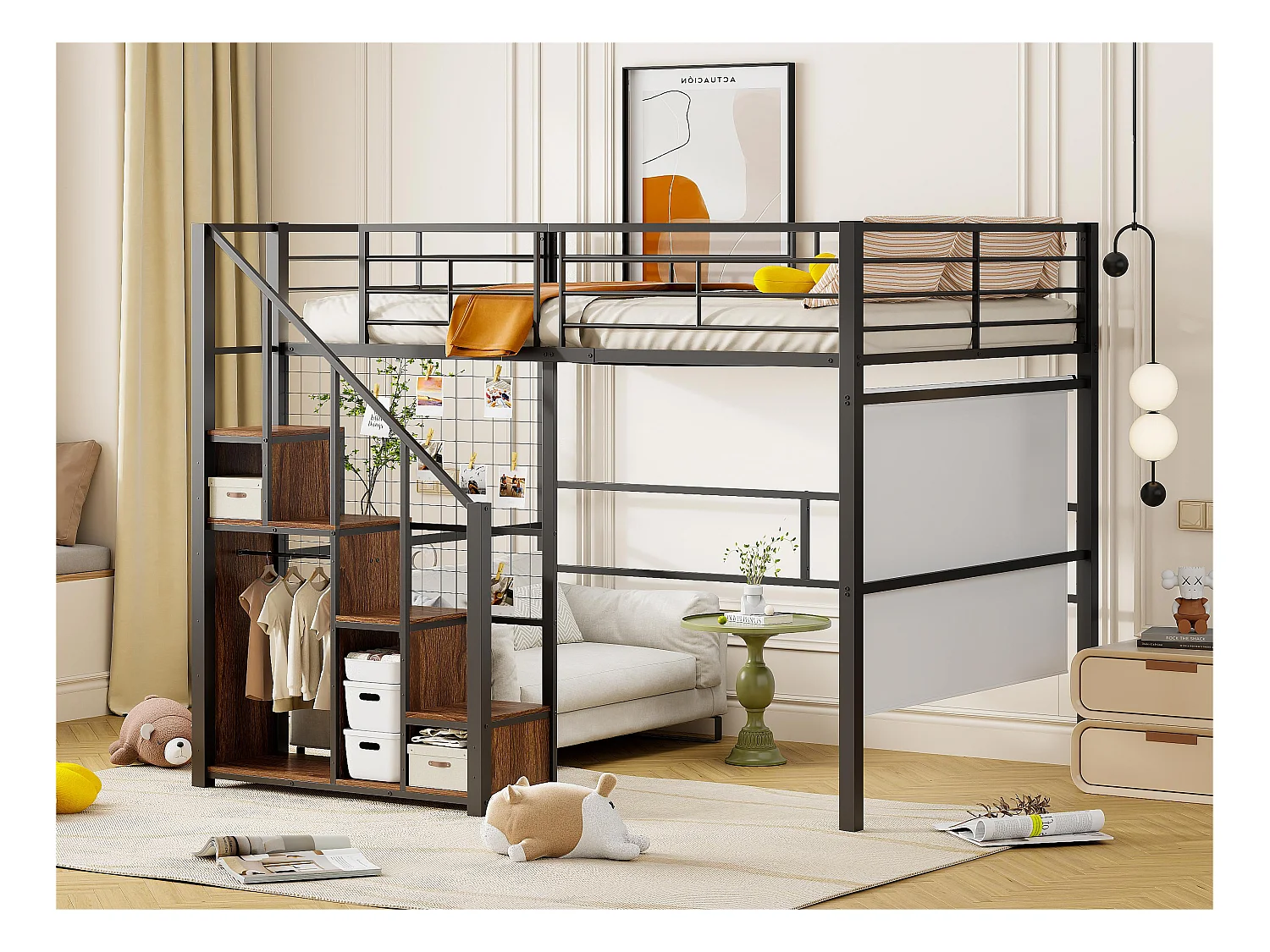 Lit mezzanine pour enfant 140x200cm - avec échelle de sécurité et rangements - Noir