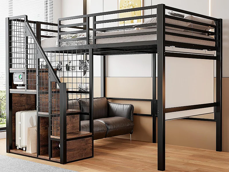 Lit mezzanine pour enfant 140x200cm - avec échelle de sécurité et rangements - Noir