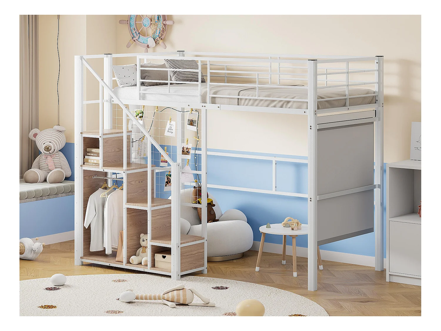 Lit mezzanine pour enfant 90x200cm - avec échelle de sécurité et rangements - Blanc