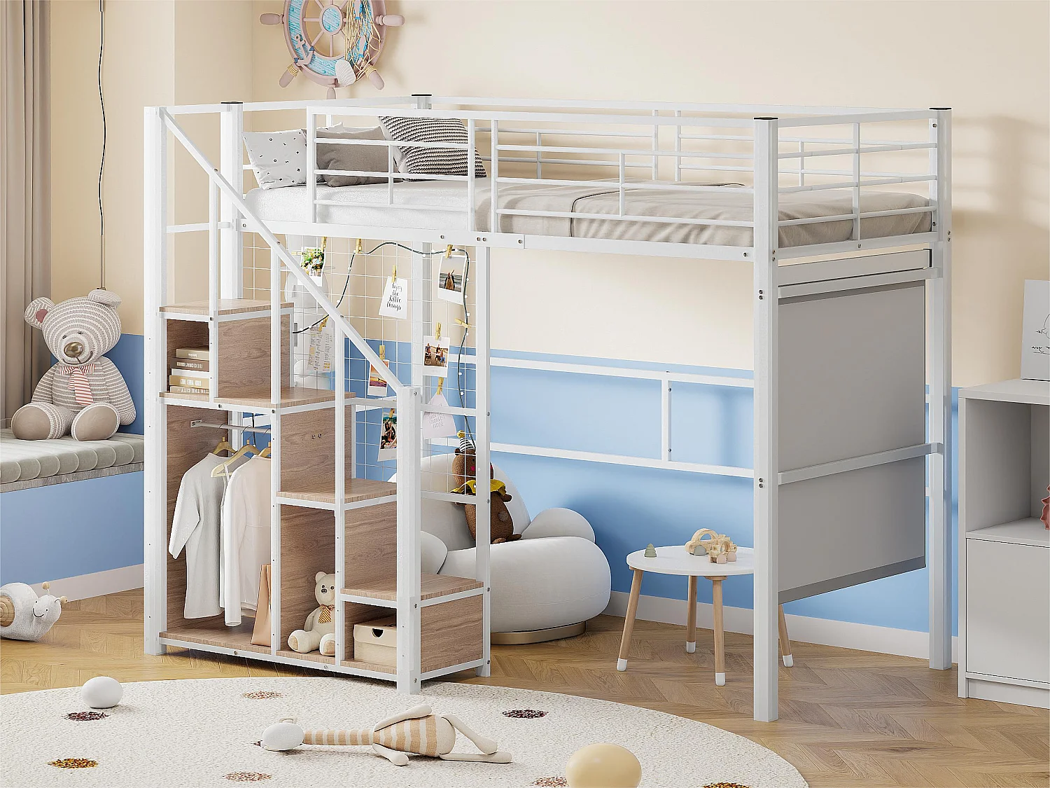 Lit mezzanine pour enfant 90x200cm - avec échelle de sécurité et rangements - Blanc