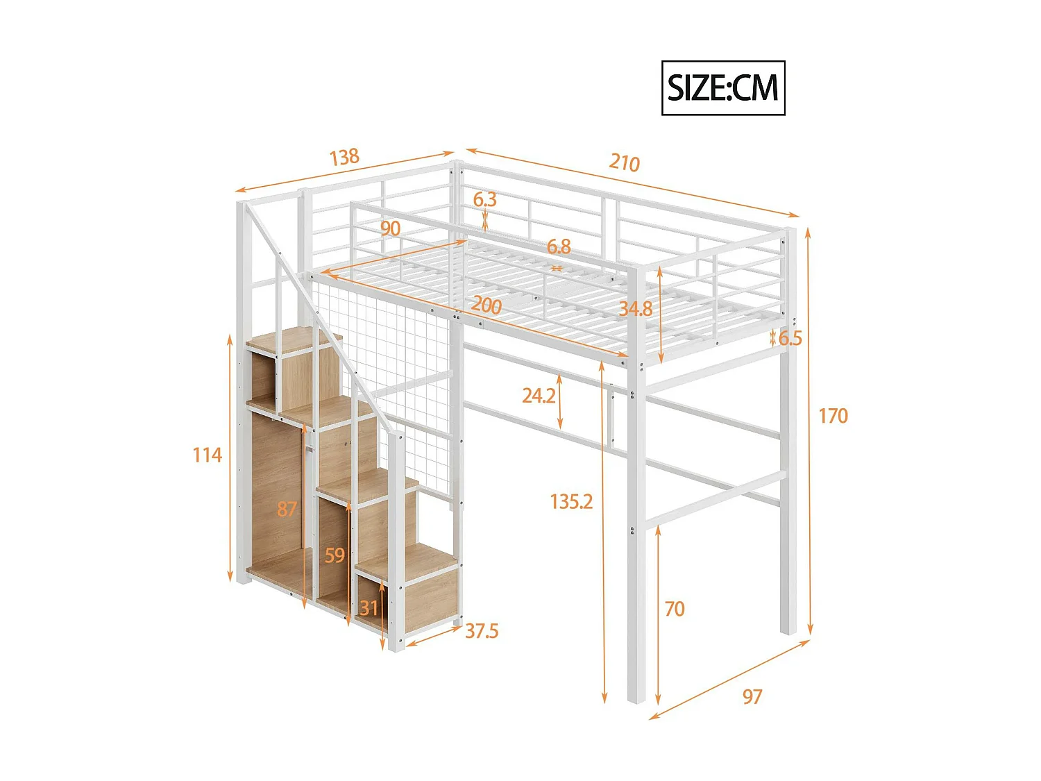 Lit mezzanine pour enfant 90x200cm - avec échelle de sécurité et rangements - Blanc