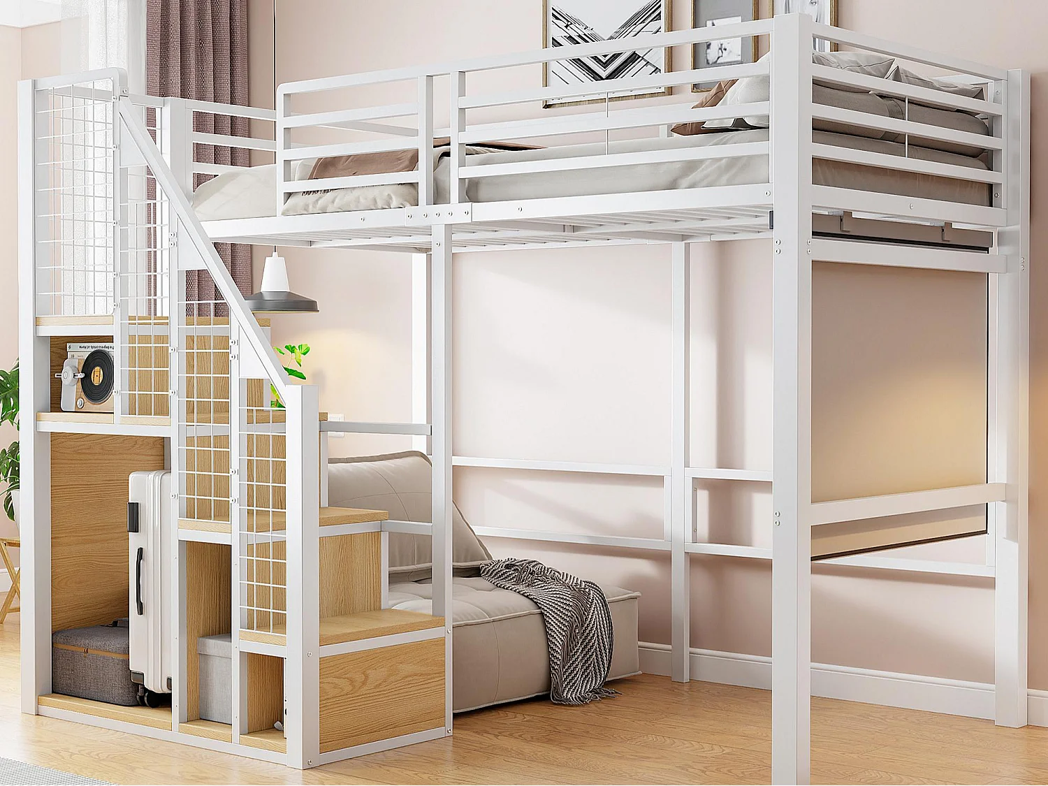 Hochbett für Kinder 90 x 200 cm – mit Sicherheitsleiter und Stauraum – Weiß