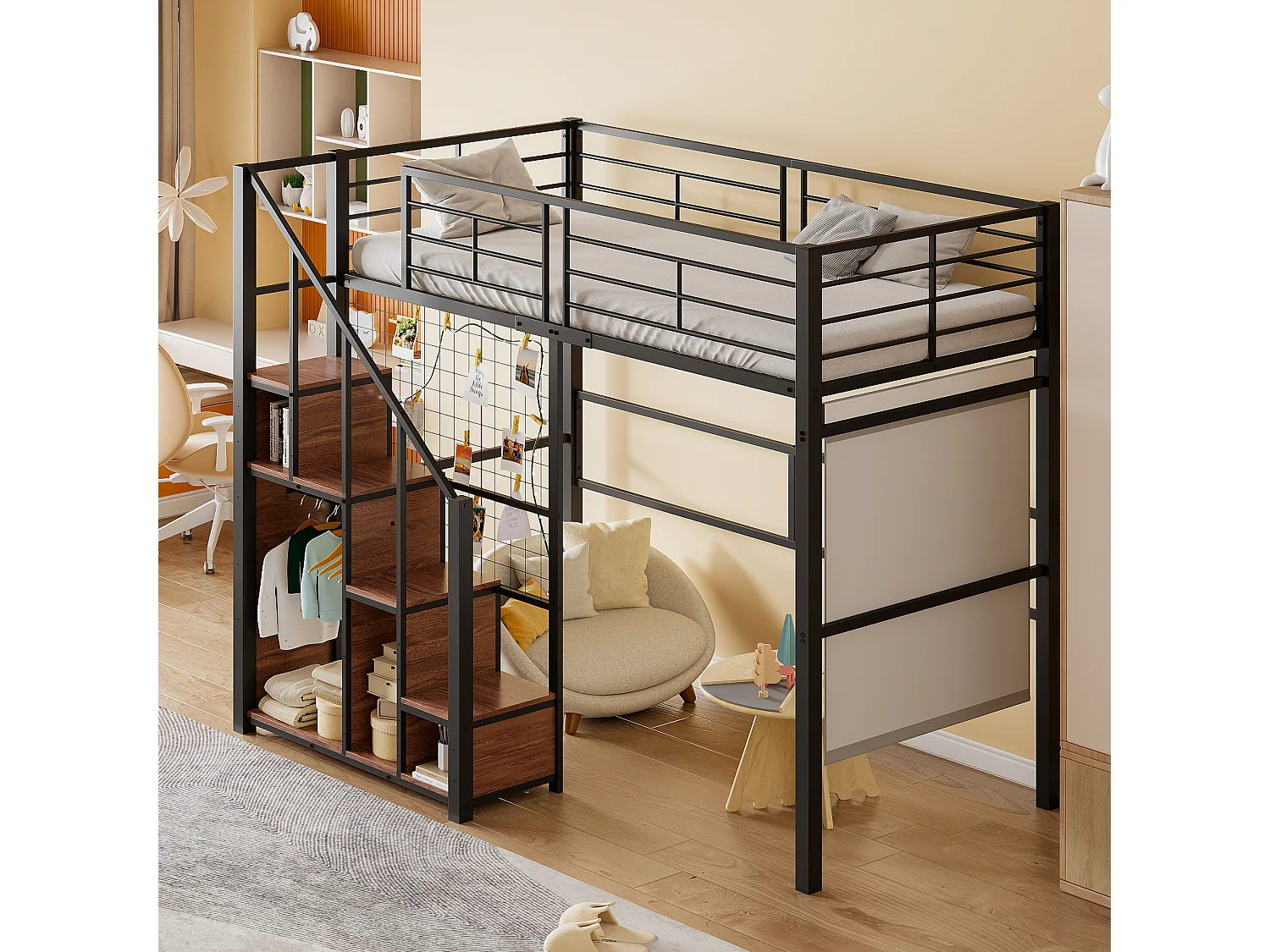 Łóżko mezzanine dla dzieci 90x200cm - z drabiną zabezpieczającą i schowkami - Czarne