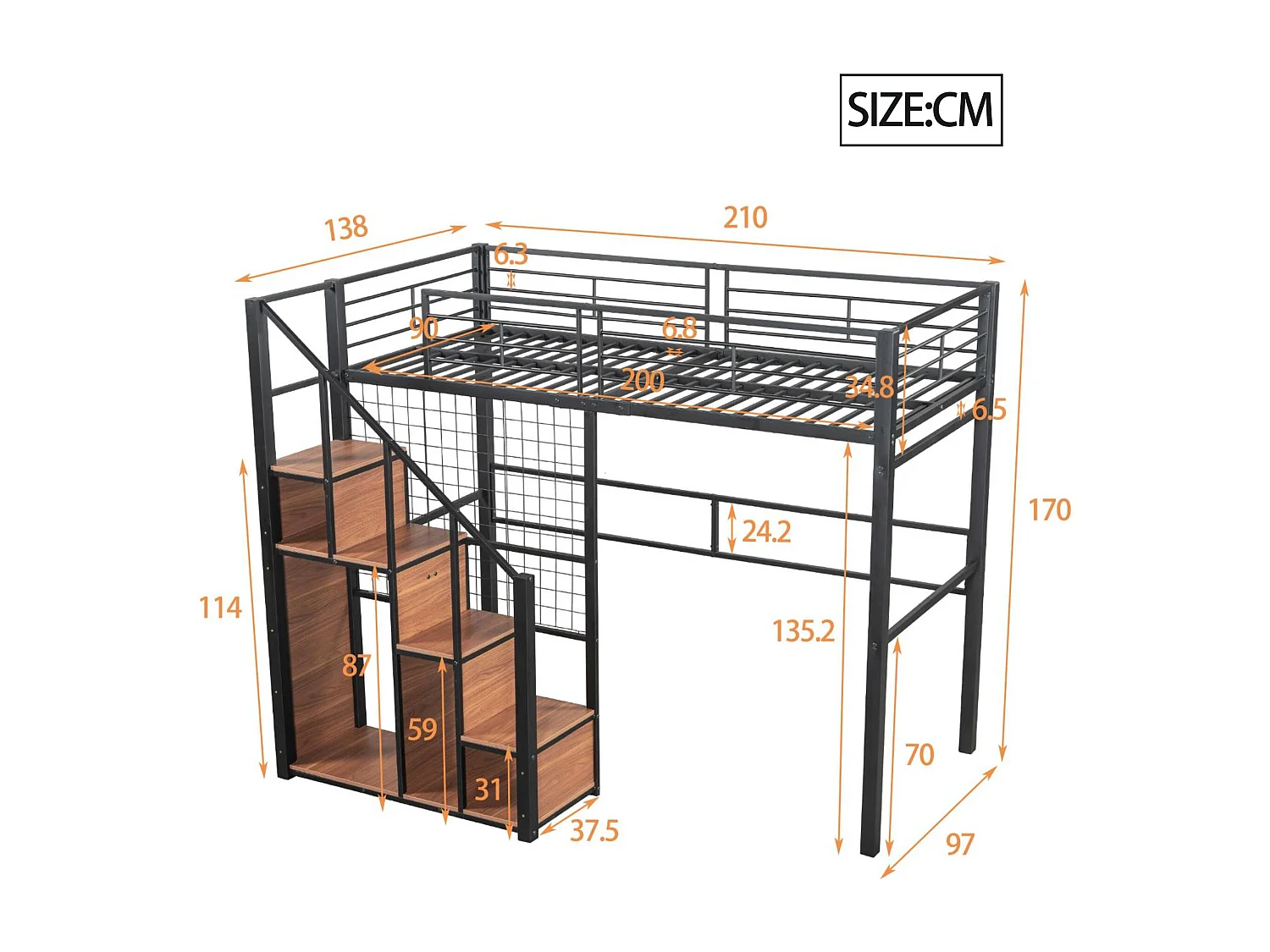 Łóżko mezzanine dla dzieci 90x200cm - z drabiną zabezpieczającą i schowkami - Czarne