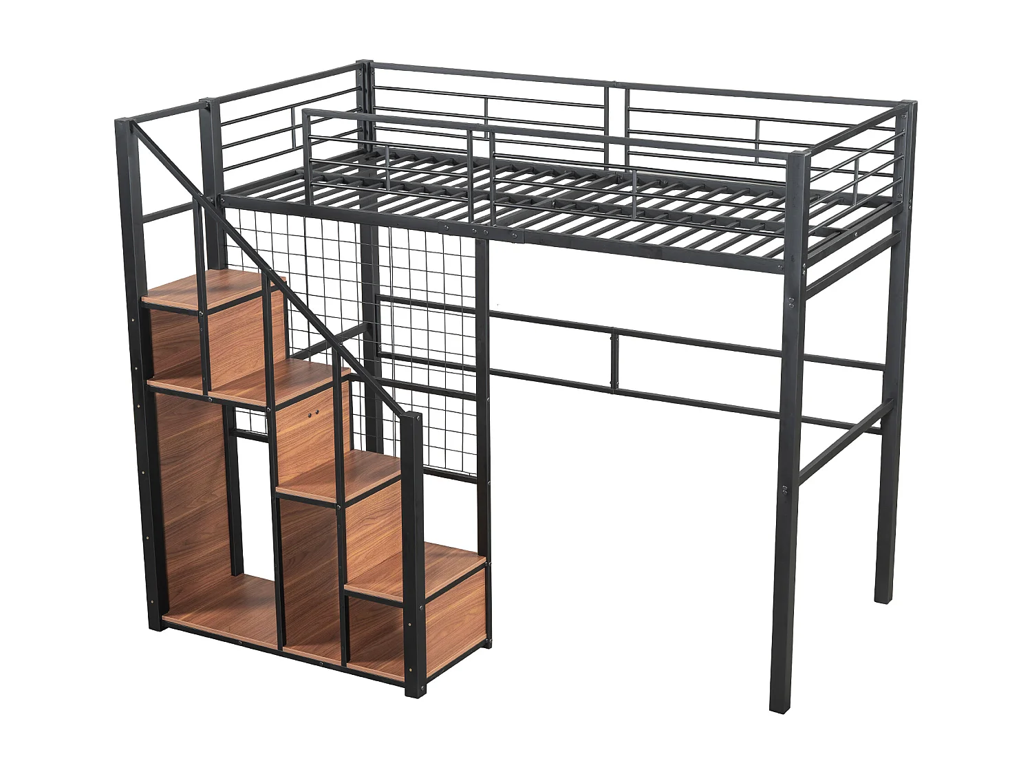Łóżko mezzanine dla dzieci 90x200cm - z drabiną zabezpieczającą i schowkami - Czarne