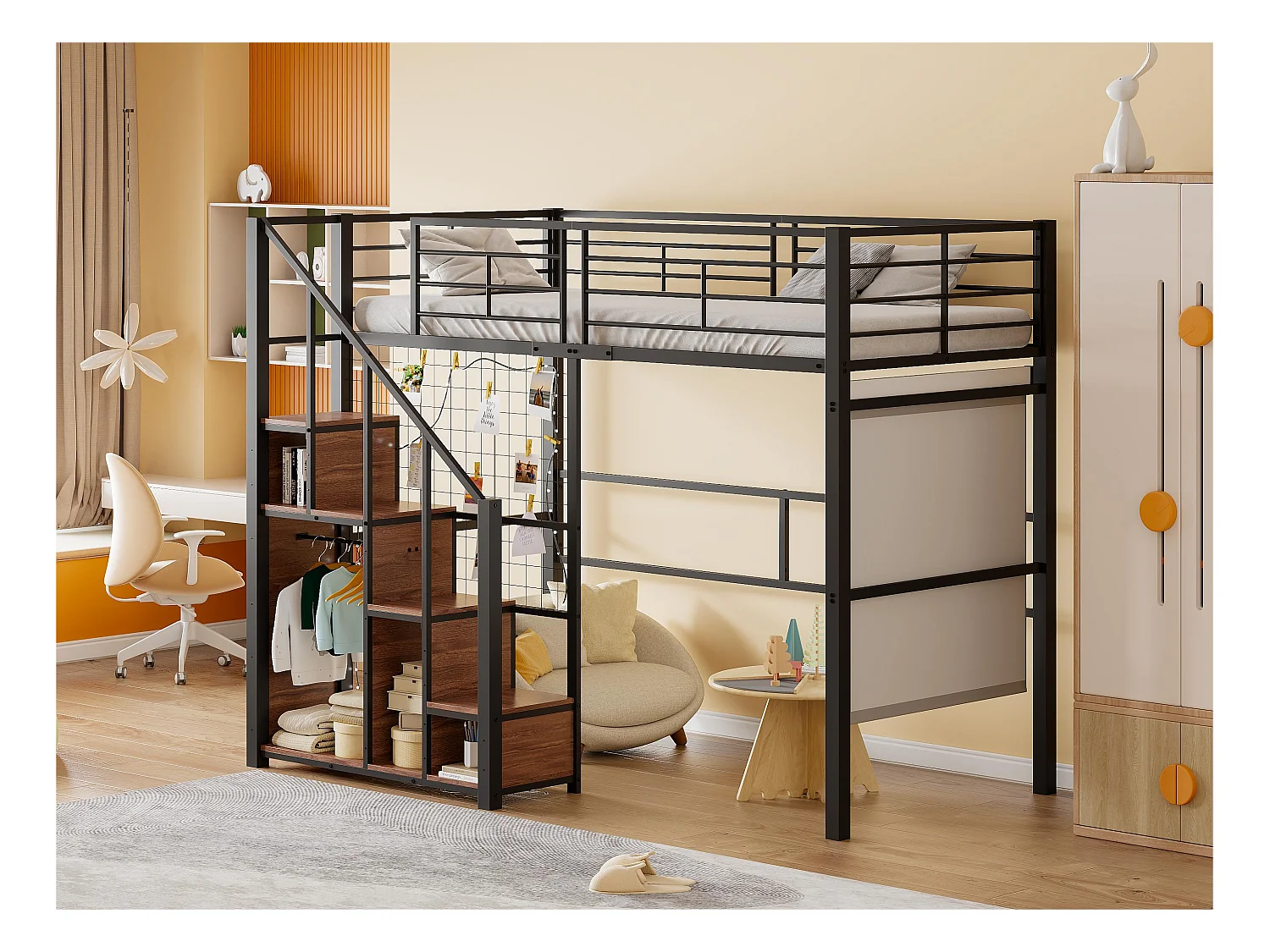 Lit mezzanine pour enfant 90x200cm - avec échelle de sécurité et rangements - Noir