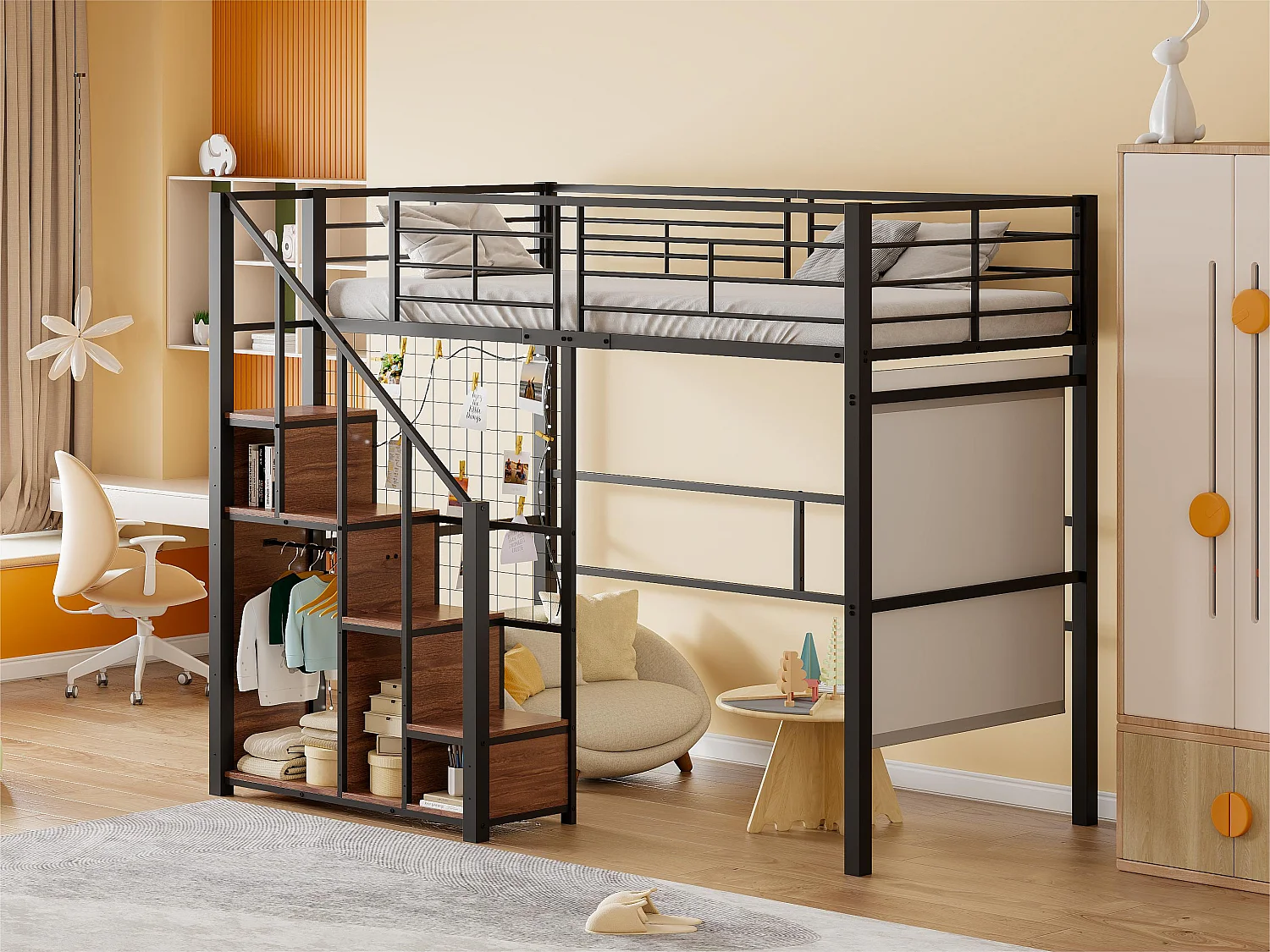 Cama mezanino para criança 90x200cm - com escada de segurança e arrumação - Preto